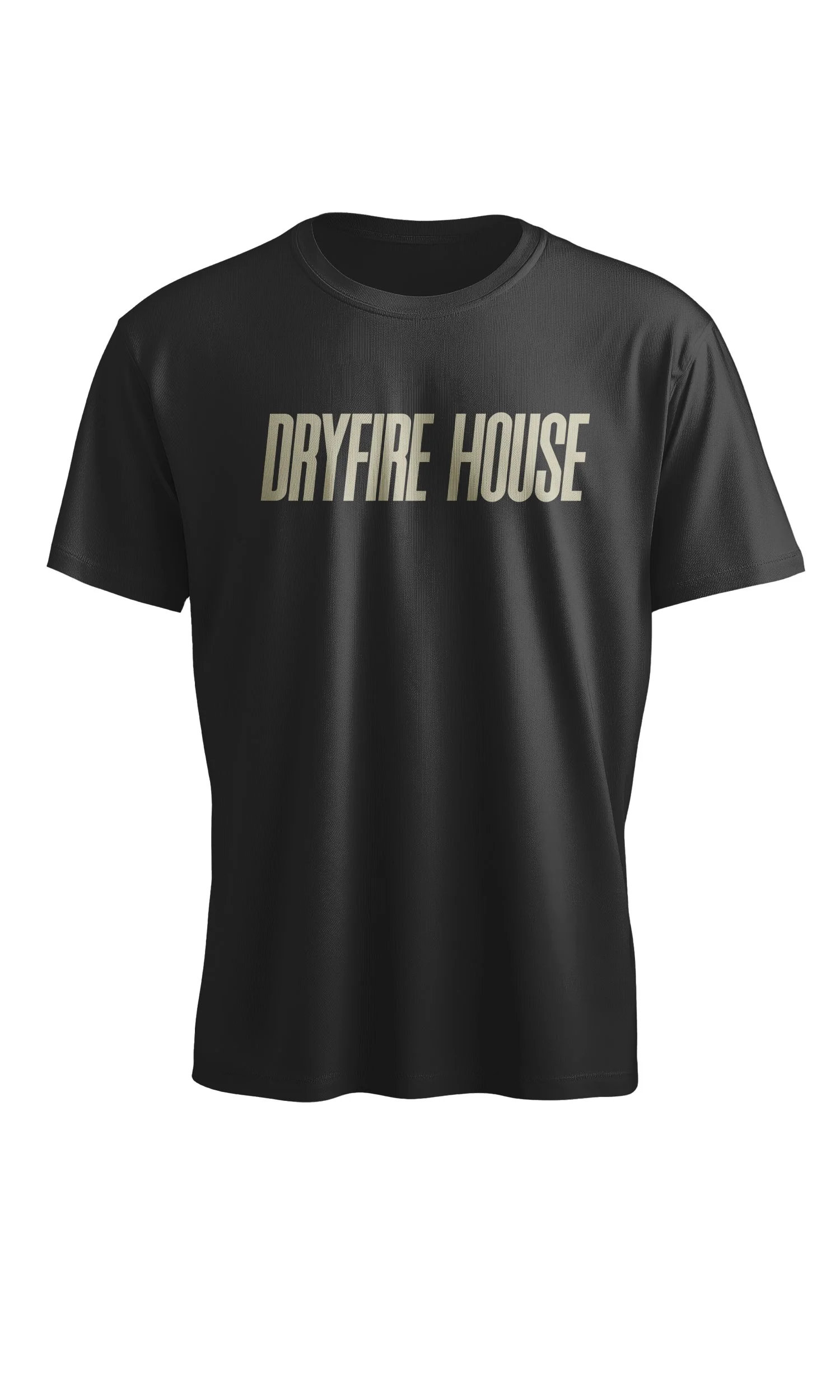 Dryfire House black logo tee with bold beige lettering across the chest — performance shooting apparel