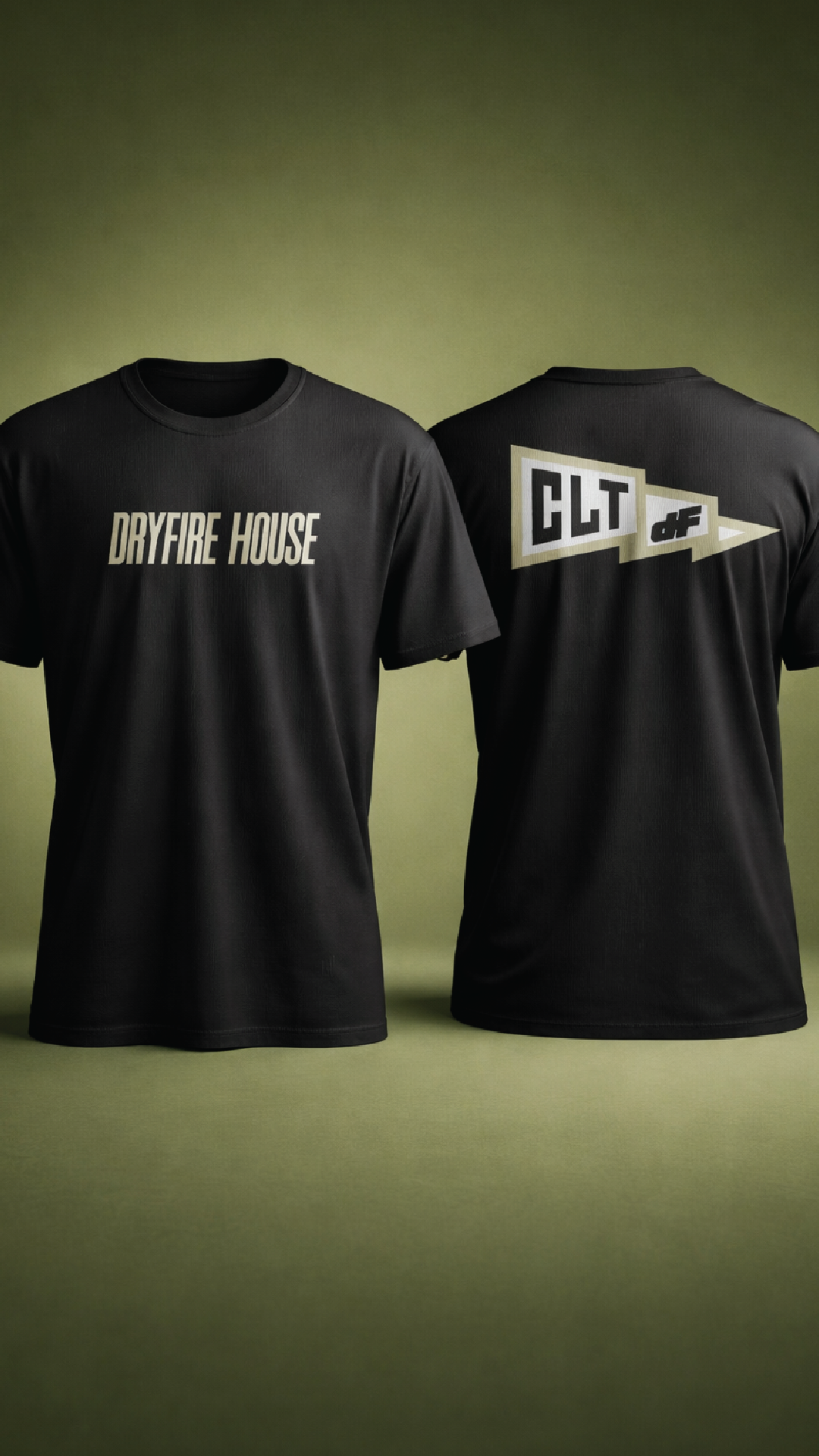 Two black DRYFIRE HOUSE T-shirts with graphics, one with the words 'DRYFIRE HOUSE' on the front and the other with a logo that reads 'CLT' with an arrow pointing right, and 'of' inside the arrow.