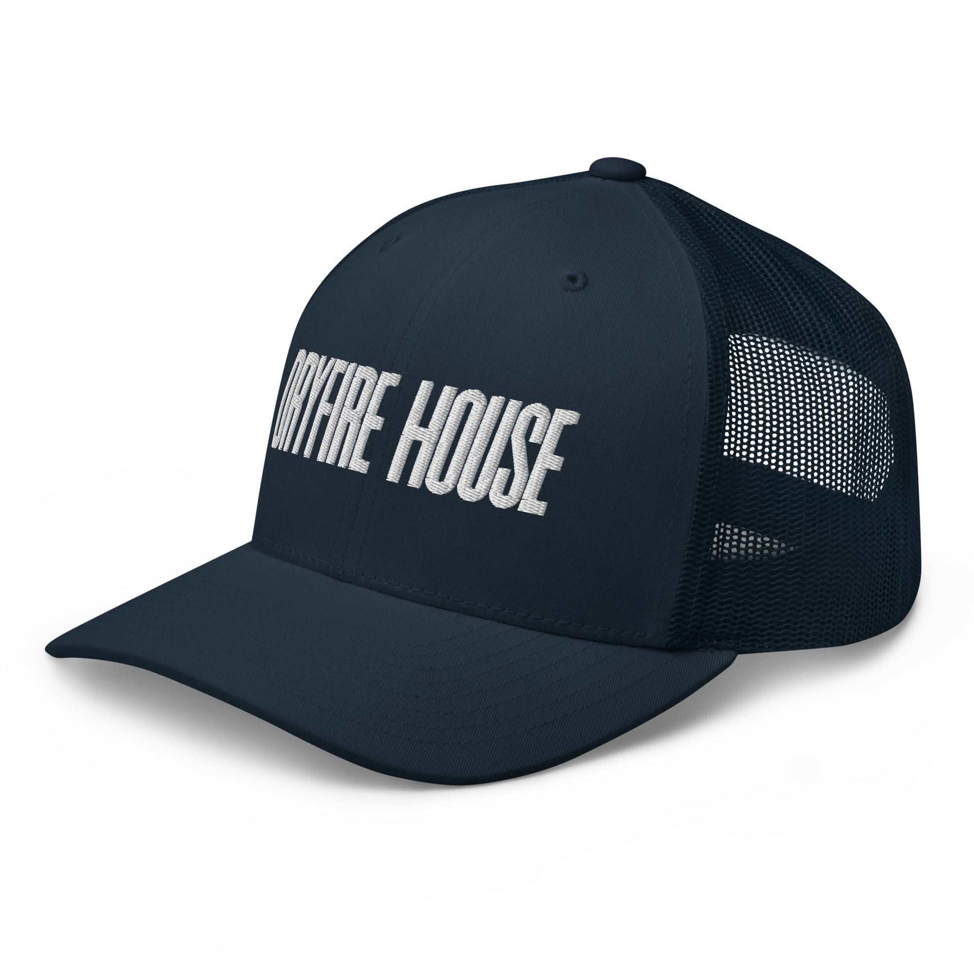 Dryfire House blue trucker hat with Dryfire House embroidered text — dry-fire training headwear