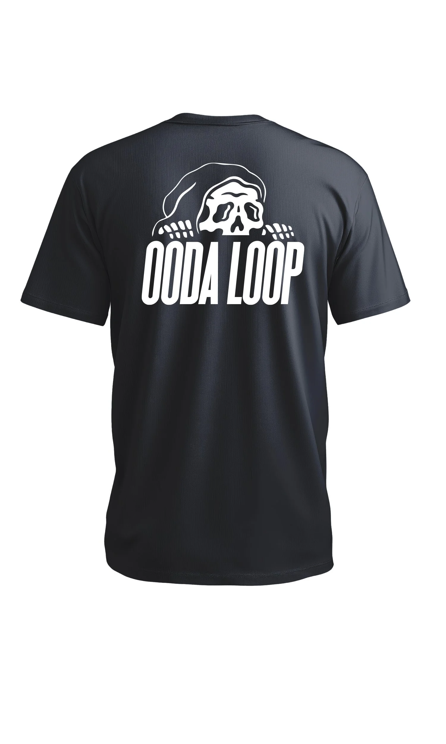 Dryfire House black t-shirt with hooded skull and OODA Loop graphic on the back — tactical shooting apparel