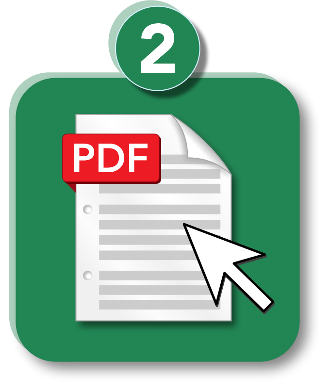 A green icon with a white document labeled PDF and a cursor pointing to it, indicating a PDF file download or selection. The icon also has a number 2 at the top.