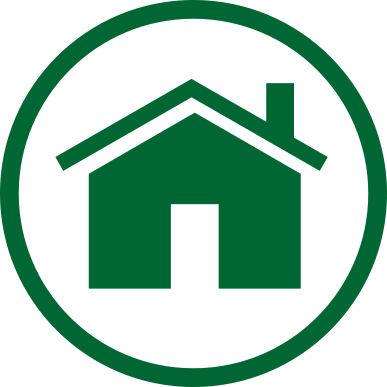 Green house icon inside a white circle with a green border.