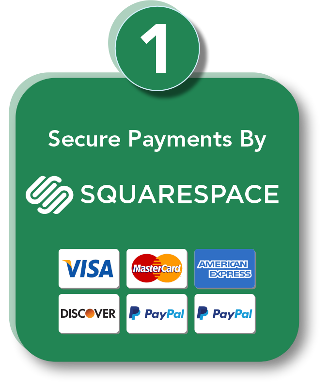 Sign indicating secure payments through SquareSpace, with logos of Visa, MasterCard, American Express, Discover, PayPal, and PayPal again.
