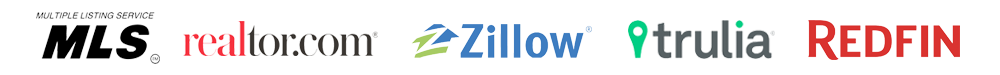 Colorful horizontal strip with various brand logos, including MLS, realfor.com, Zillow, Trulia, and Redfin, on a black background.