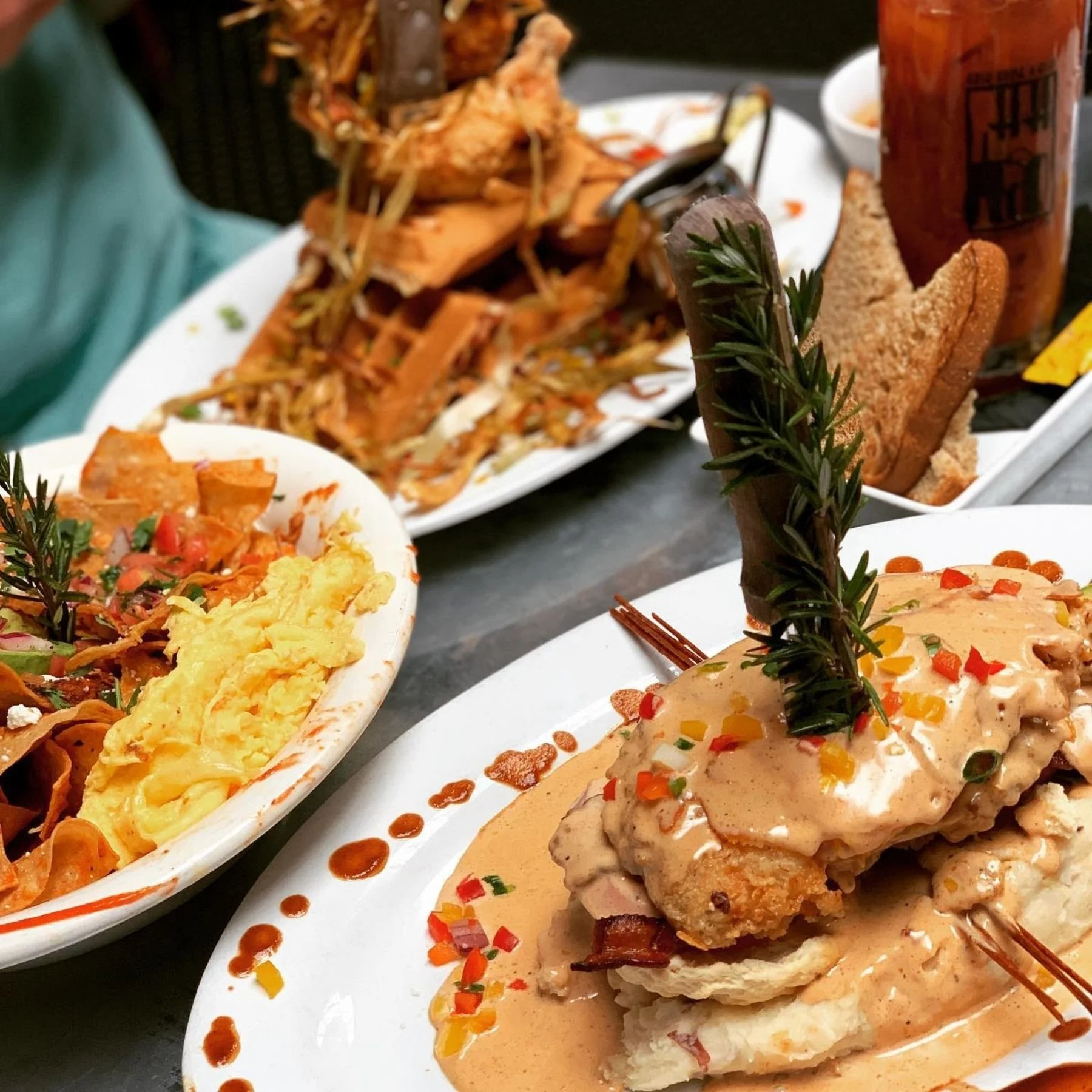 Brunch waffles served with bloody marys on sunday