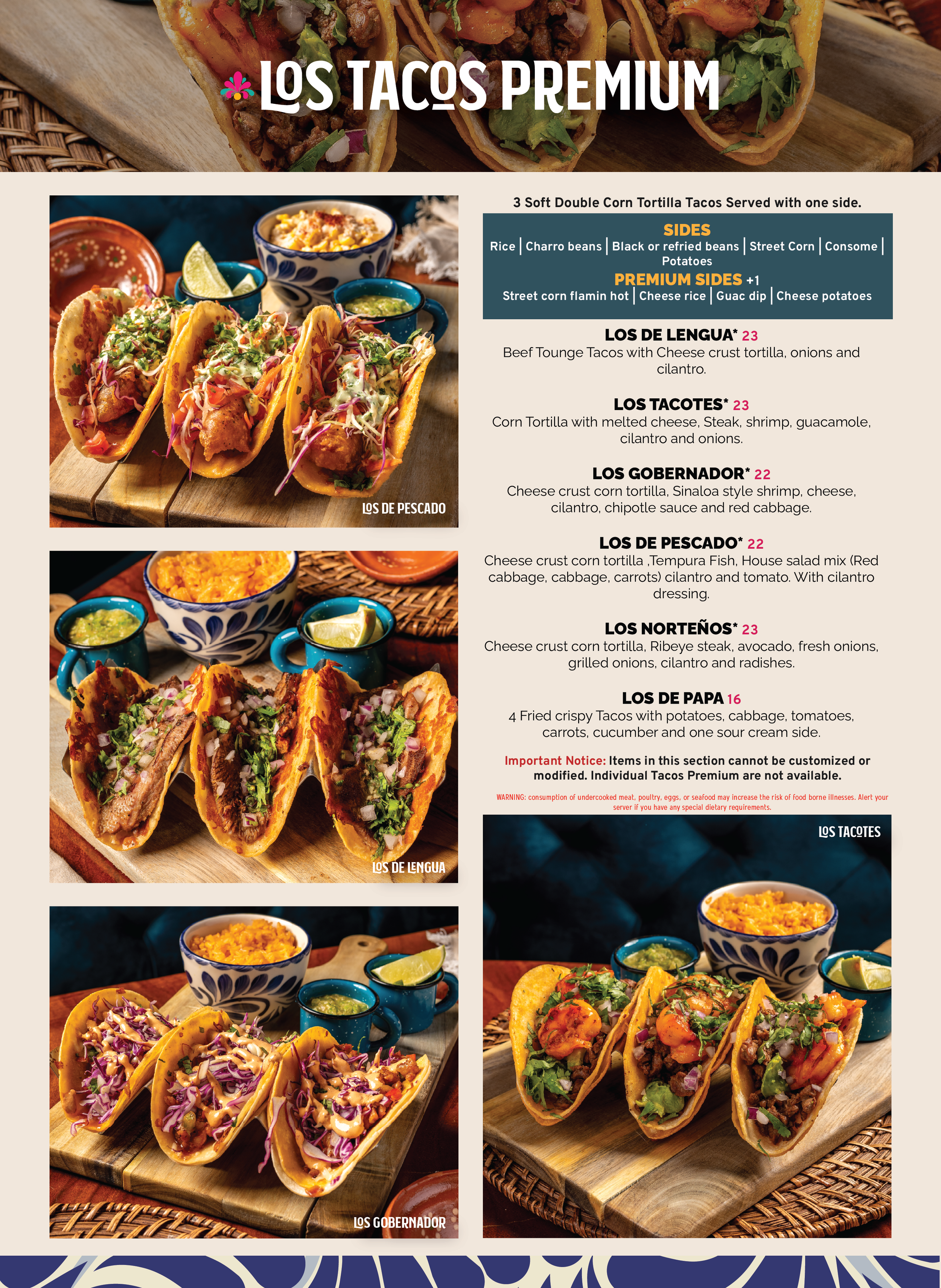 Image of a menu showcasing various tacos, including Los De Lengua, Los Tacotes, Los Gobernador, Los De Pescado, Los Norteños, and Los De Papa, with colorful ingredients like meats, cheeses, vegetables, and toppings, and accompanying side dishes like rice, beans, and salad.