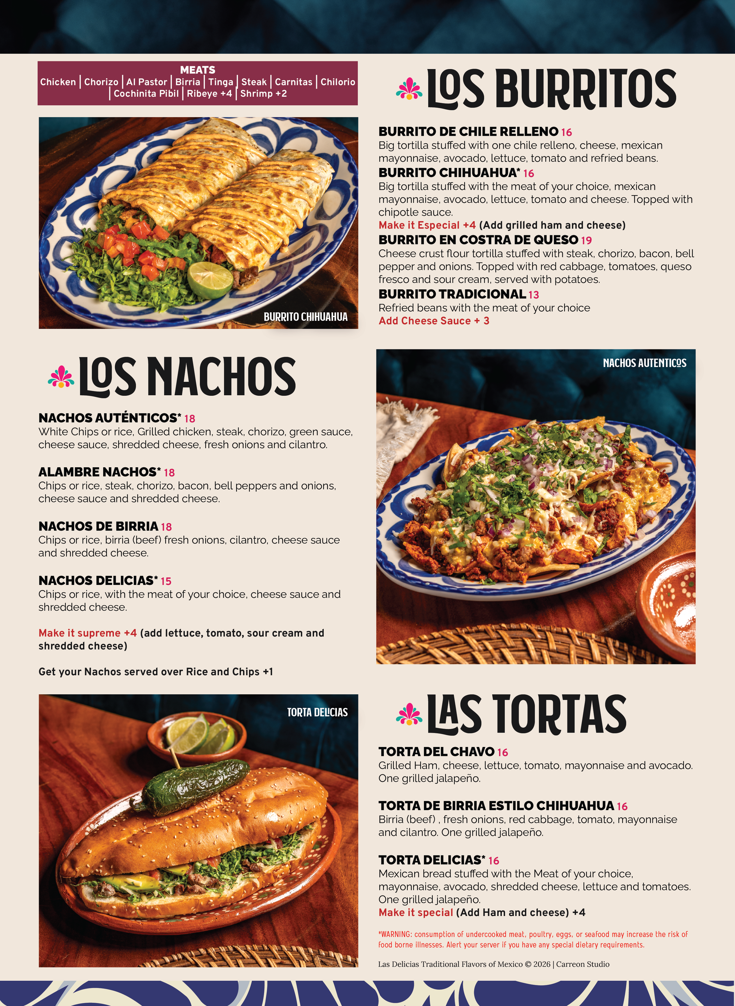 Menu featuring Mexican dishes, including tacos, nachos, and tortas, with colorful decorative elements and food photographs.