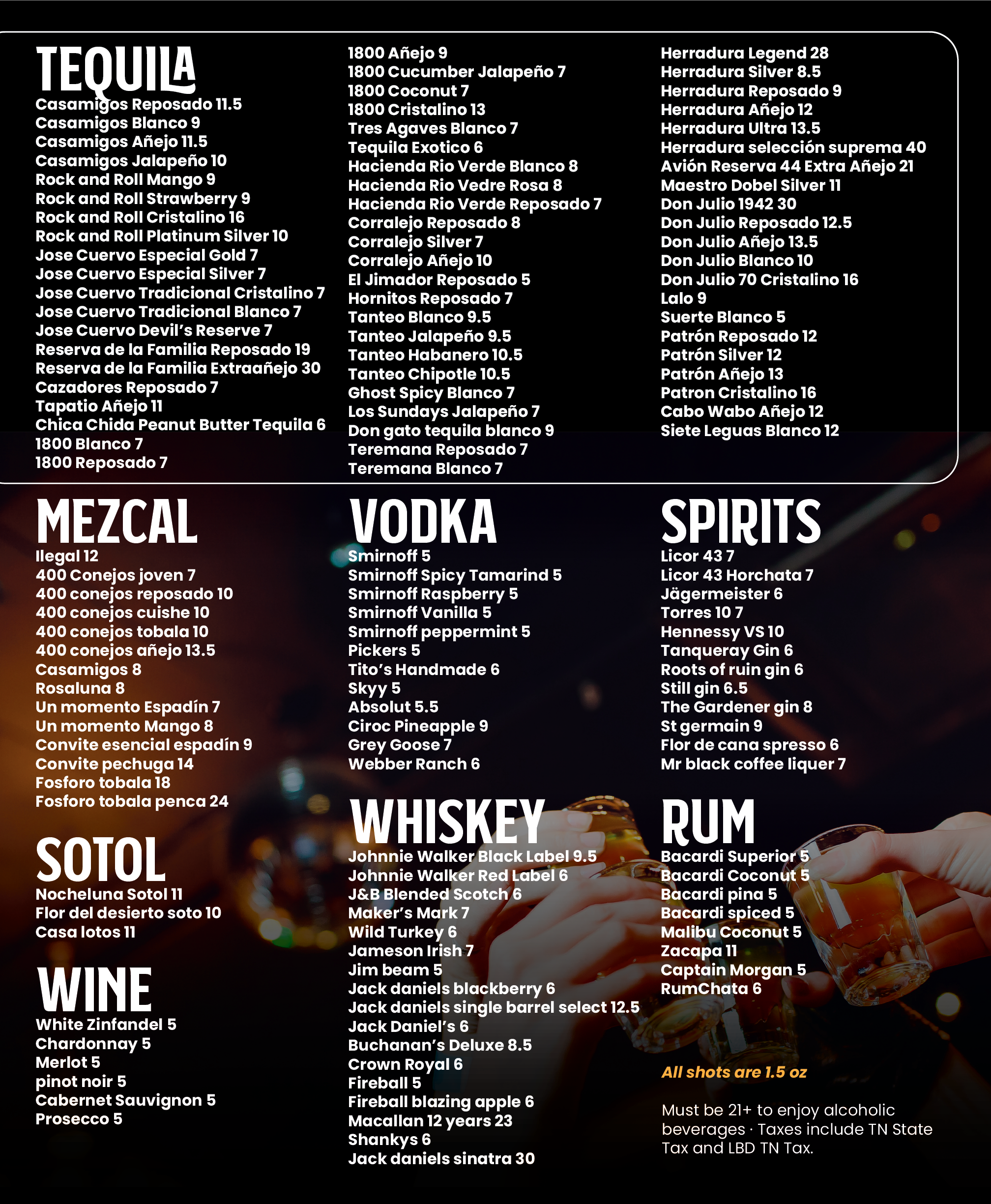 Close-up of a black bar menu with sections for tequila, mezcal, vodka, whiskey, rum, wine, and spirits, listing various brands and prices, against a background of people clinking glasses.