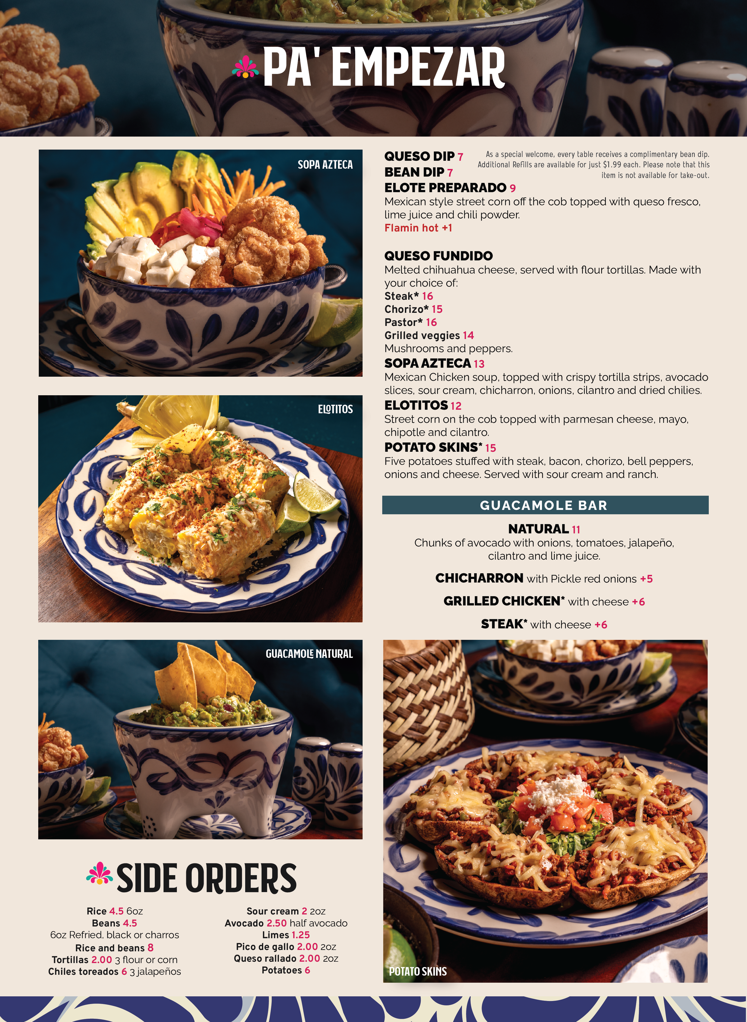 A menu featuring Mexican dishes including a bowl of salsa azteca, guacamole natural, and a plate of nachos with melted cheese, sour cream, and other toppings.