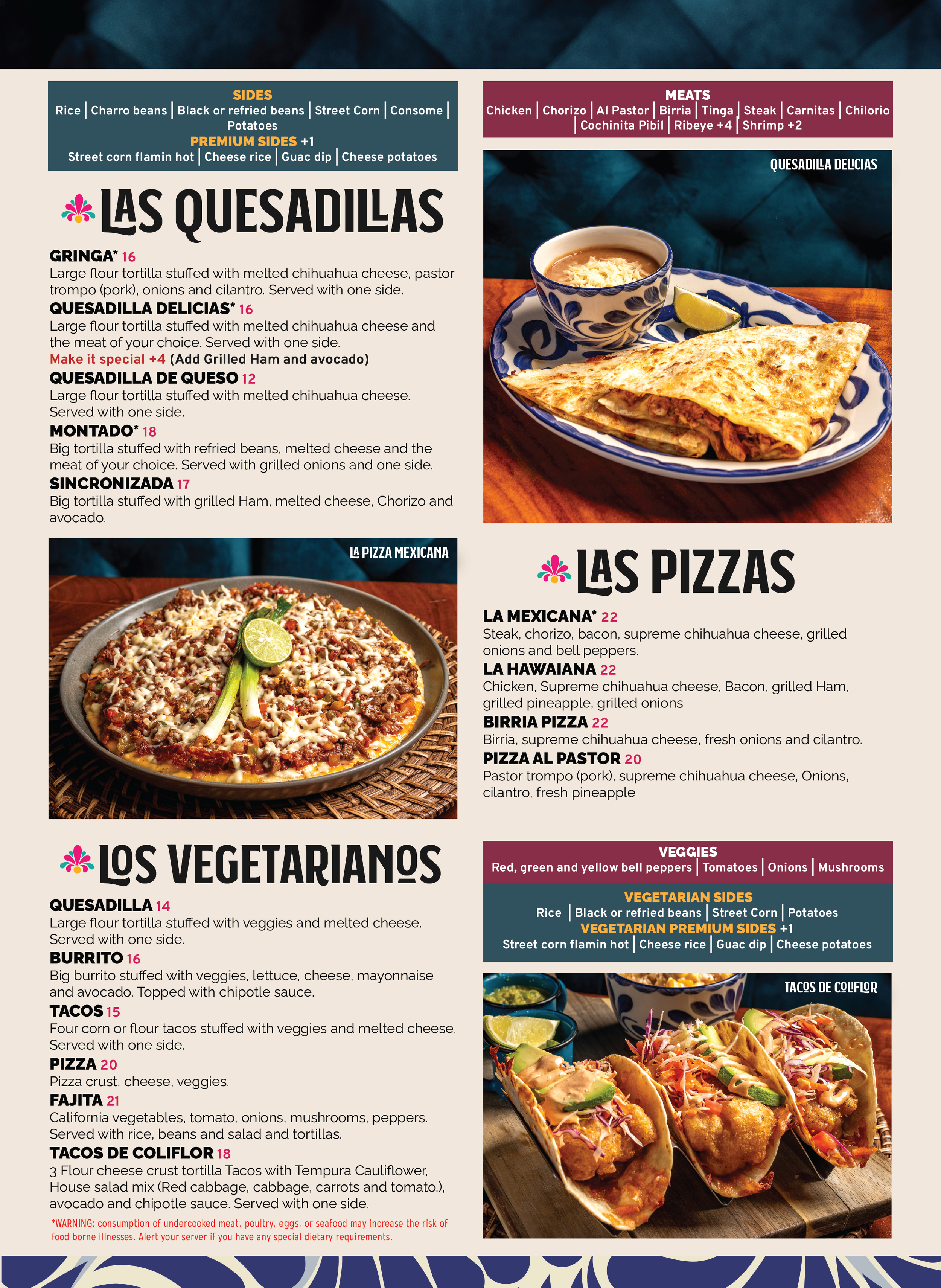 A menu featuring various Mexican dishes such as quesadillas, tacos, and pizzas, with pictures of food including a quesadilla with melted cheese, and a plate of half-eaten food with toppings.