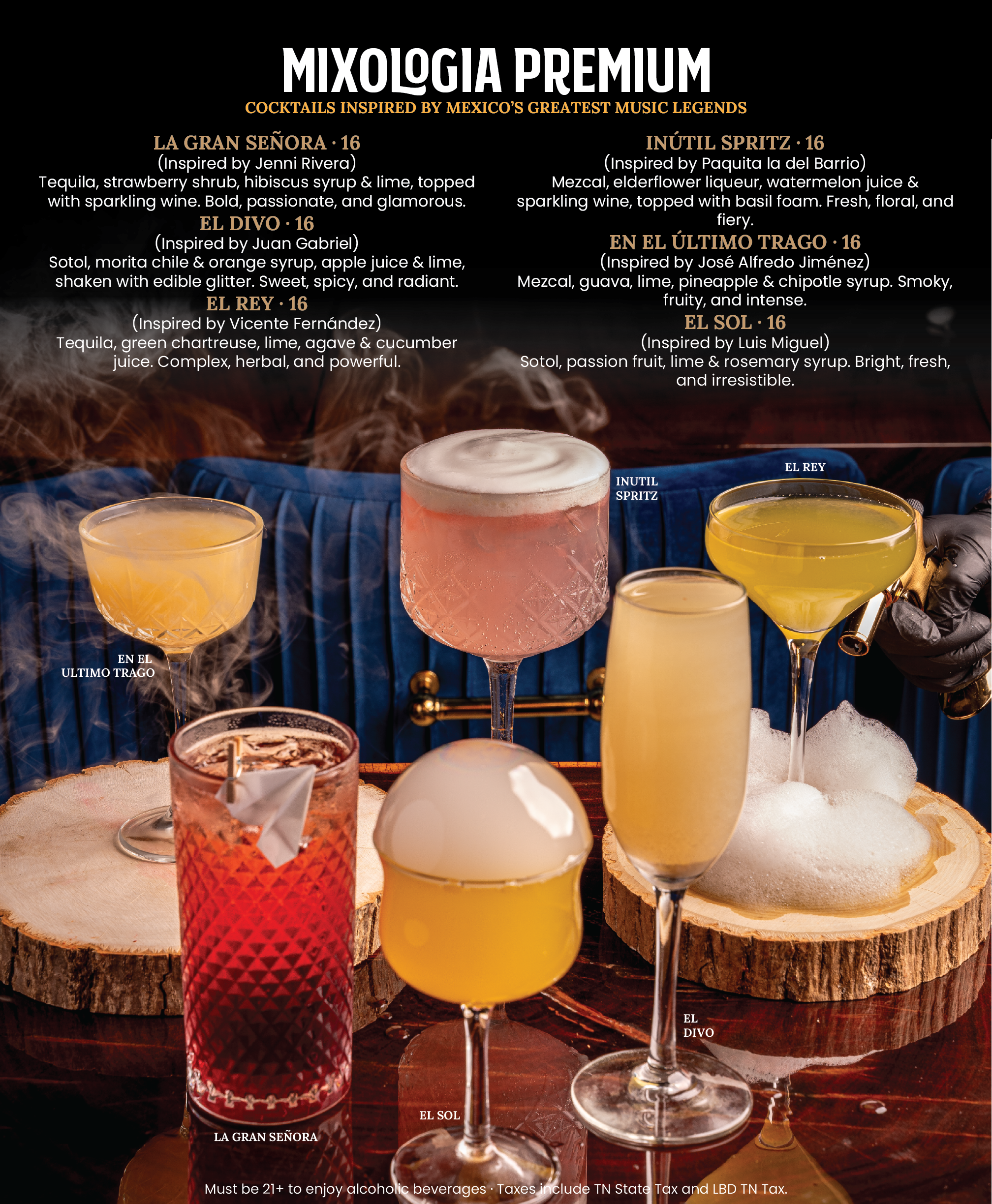 A menu featuring six Mexican-inspired cocktails, each with ingredients described, displayed on wooden slices with some smoky effects and glasses of beverages.