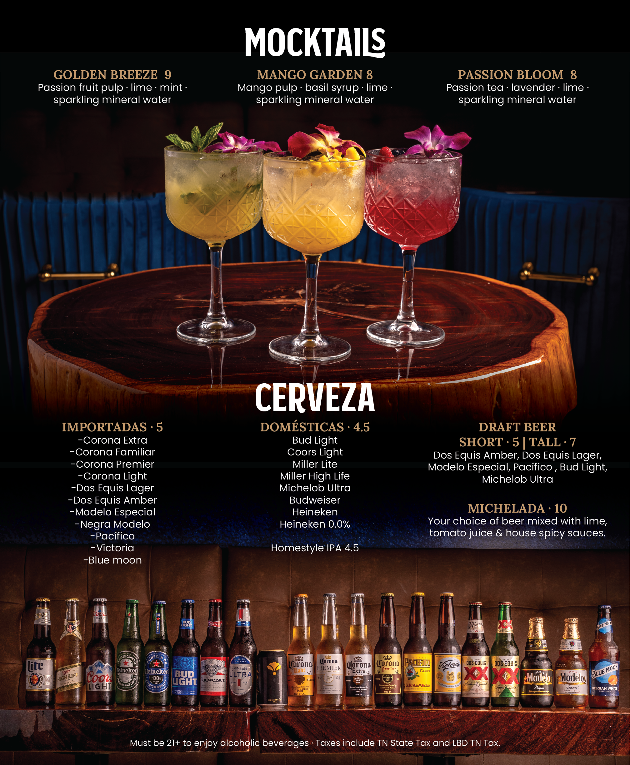 A menu displaying various cocktails and a selection of bottled beers. The cocktails are garnished with flowers and herbs, and include Golden Breeze, Mango Garden, and Passion Bloom, each with ingredients listed. The beer section shows different brands, with prices for small and large servings, and a note about age restrictions and taxes.