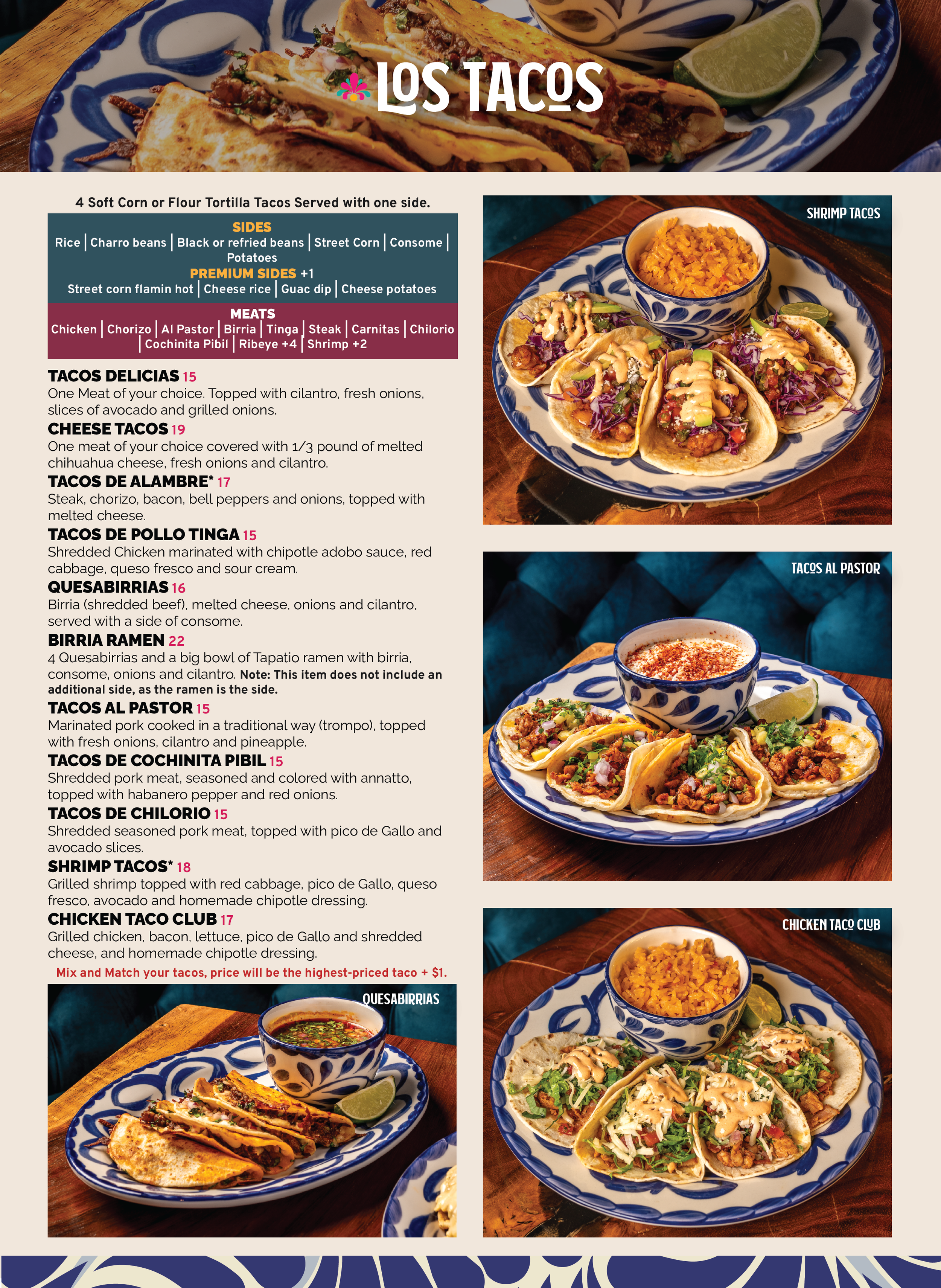 Menu featuring various tacos on blue and white patterned plates, garnished with lime wedges, with a list of taco types and descriptions.