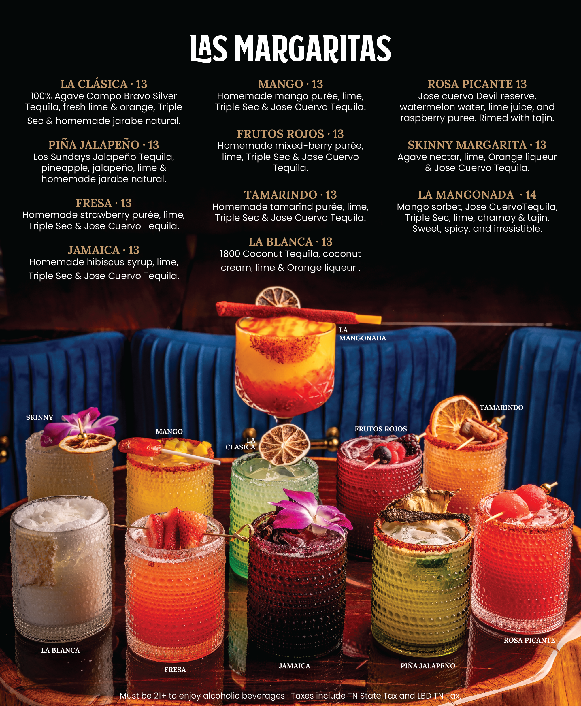 Colorful margarita glasses with various flavors and garnishes arranged on a tray, with a black menu in the background listing drink options such as La Clásica, Mango, Rosa Picante, Piña Jalapeño, Frutos Rojos, Skinny Margarita, La Mangonada, Jamaica, La Blanca, Fresa, and Tamarindo.