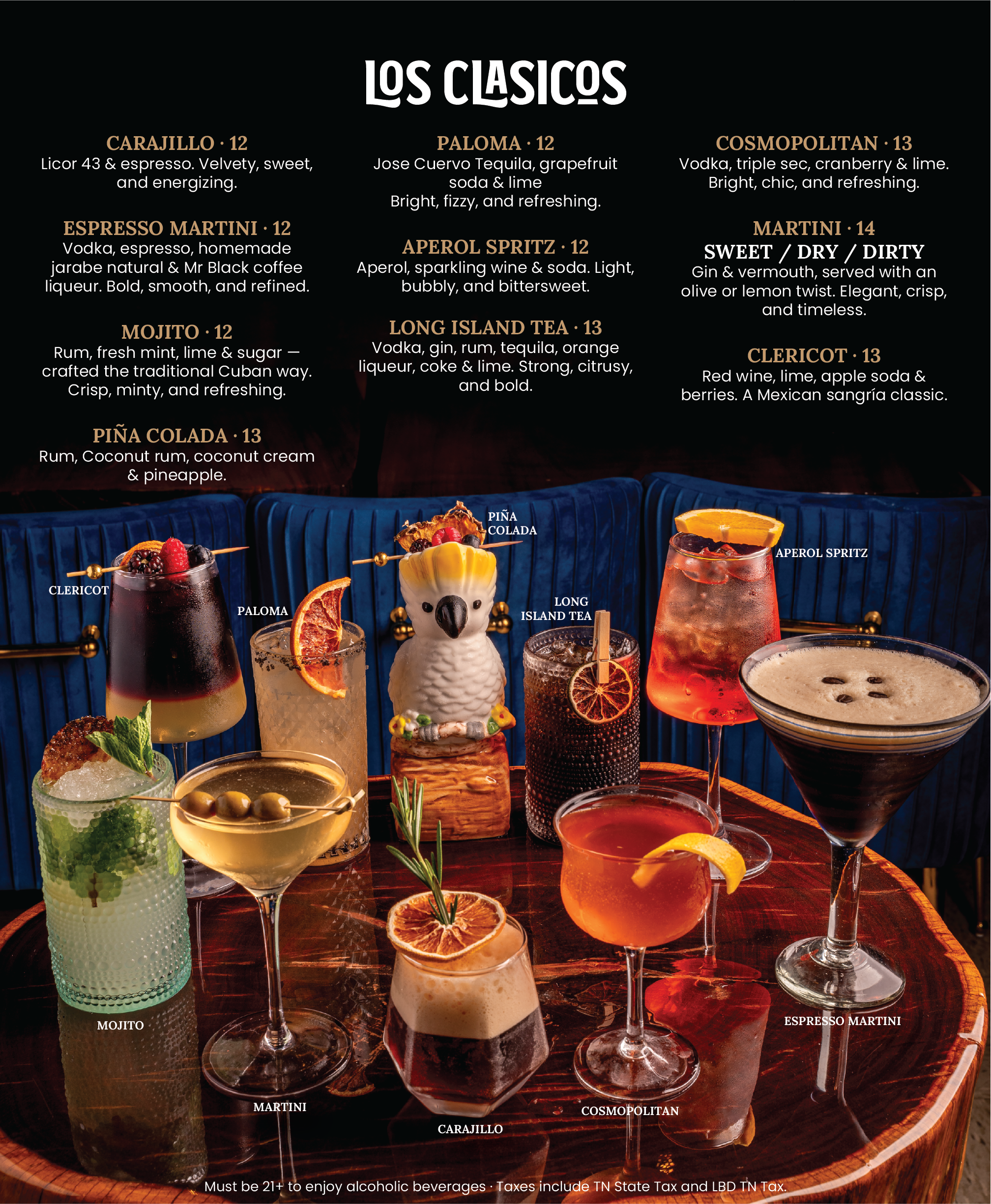 A menu displaying various cocktails with names and descriptions, including Carajillo, Paloma, Cosmopolitan, Espresso Martini, Aperol Spritz, Mojito, Long Island Tea, Martini, and Clericot, with several colorful drinks and garnishes shown on a wooden table.