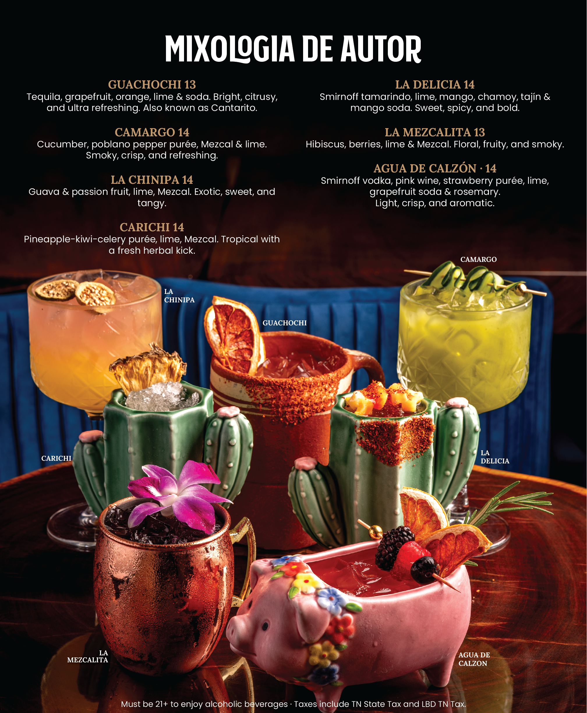 A menu titled 'Mixologia de Autor' features drink options with descriptions, including garnished beverages set on a wooden table with decorative flowers and fruits.