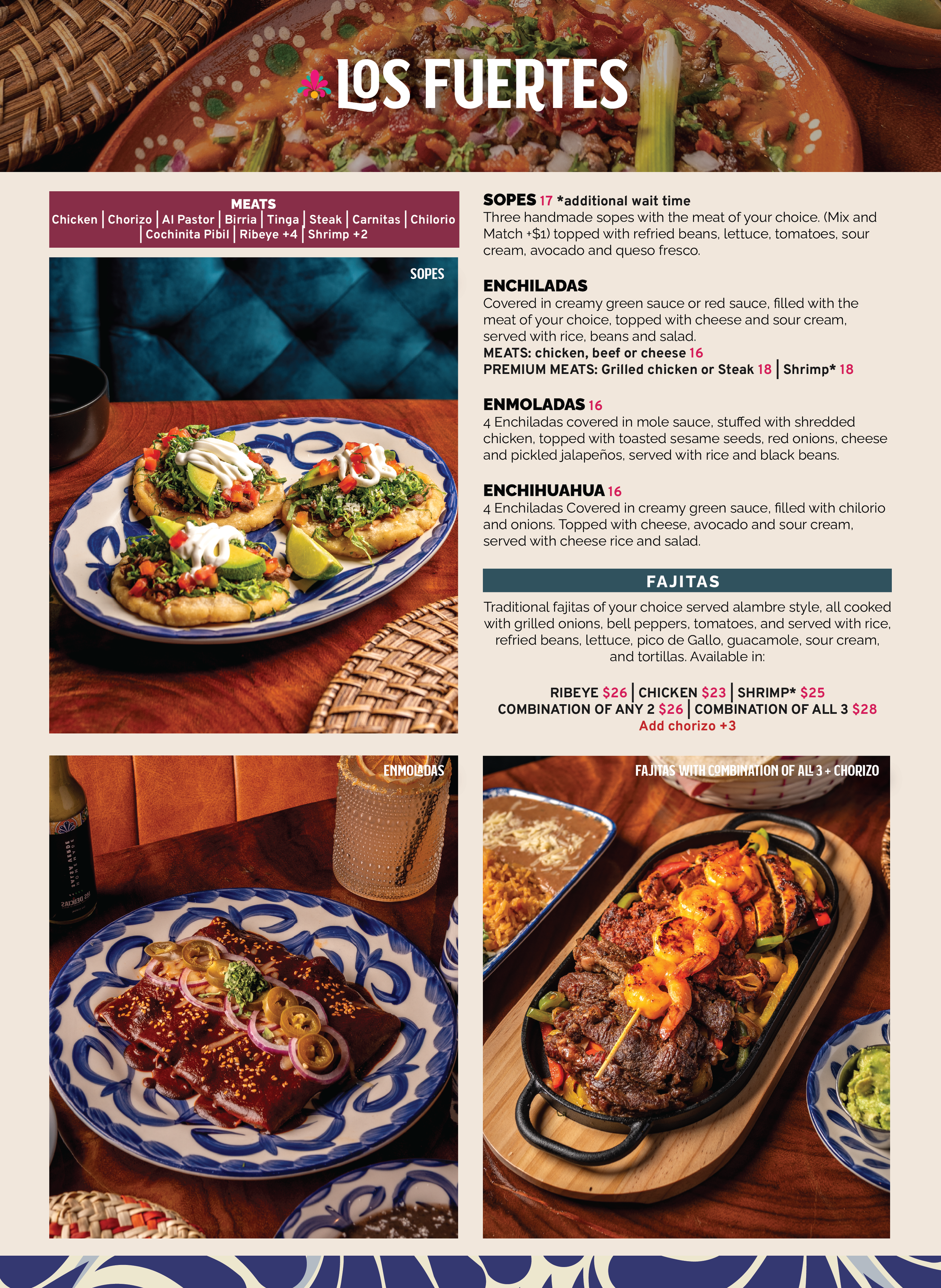 A menu page displaying various Mexican dishes including grilled meats, enchiladas, enmoladas, and fajitas, with a background of colorful plates and food.