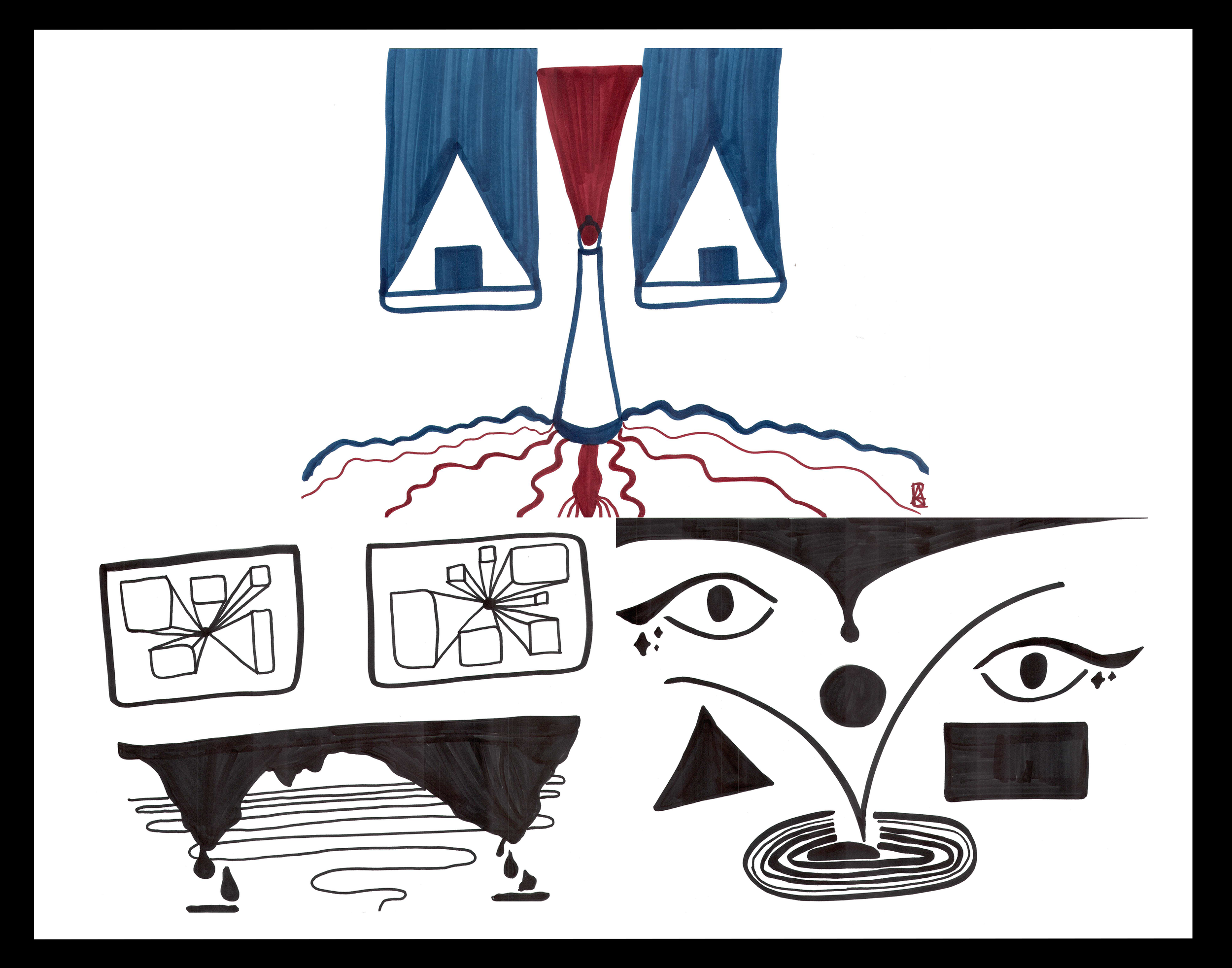 A surreal drawing of two blue speakers connected at the top, with red roots extending downward. Below, a stylized face with large eyes, a nose, and a mouth, surrounded by abstract shapes and lines, including two patterned rectangles and wavy lines. T