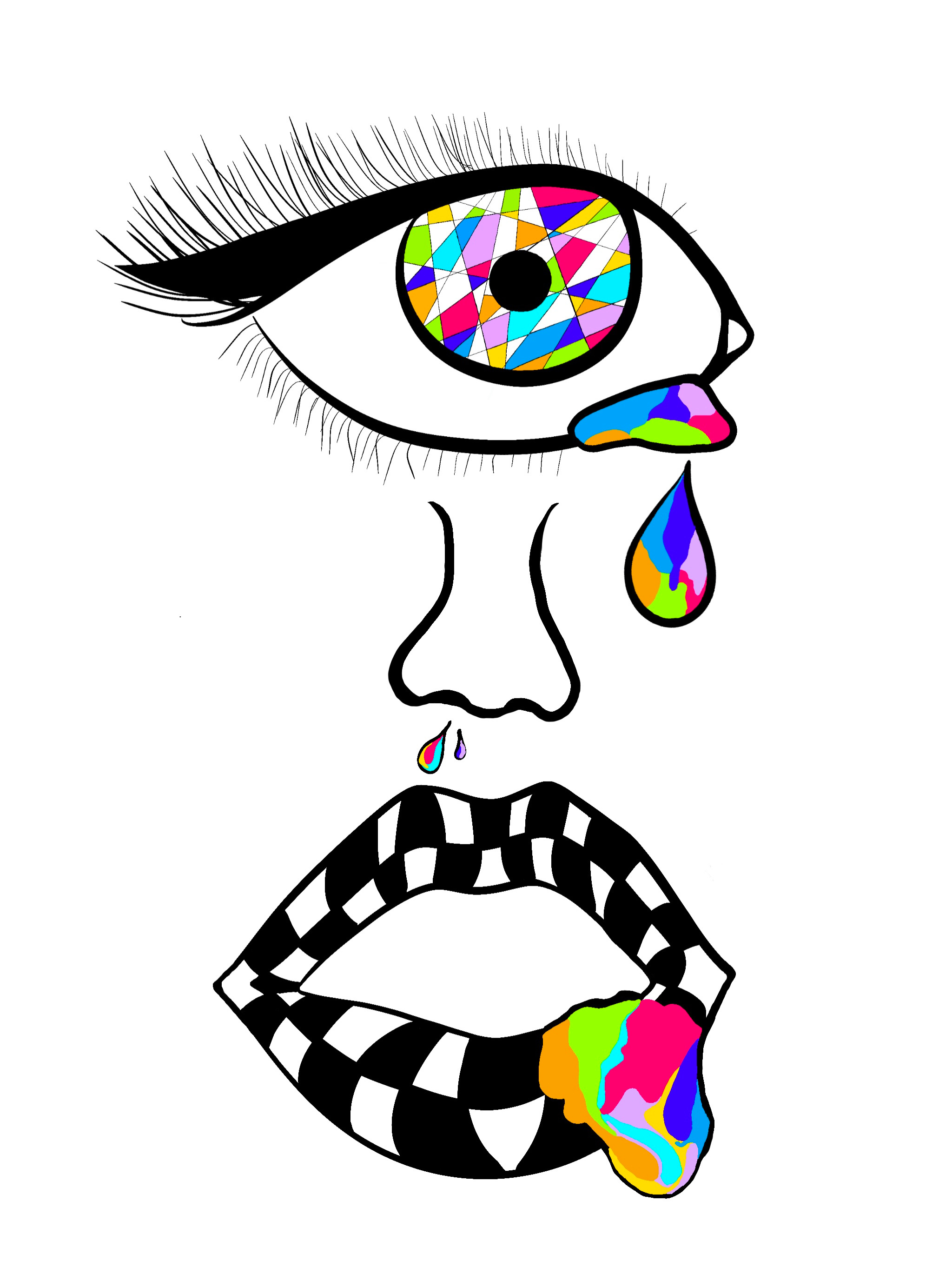 A stylized drawing of a face with an eye that has a colorful geometric pattern inside, a tear and tongue in rainbow colors, and lips with rainbow colors, with black and white checkered pattern inside the mouth.