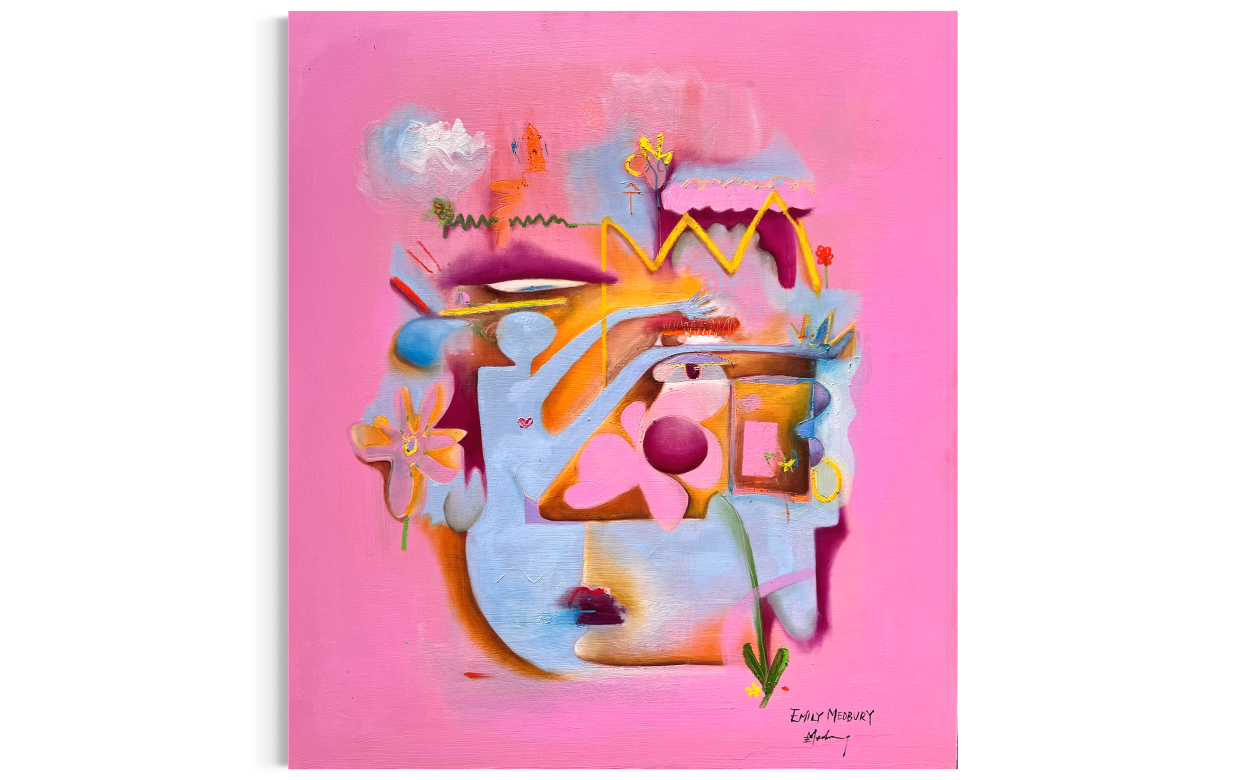 Abstract artwork featuring a stylized human face with open eyes and lips, surrounded by colorful flowers, clouds, and geometric shapes on a pink background.