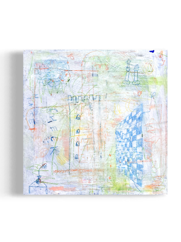 Child's colorful crayon drawing on paper featuring various abstract shapes and figures, including buildings, flowers, and playful patterns.