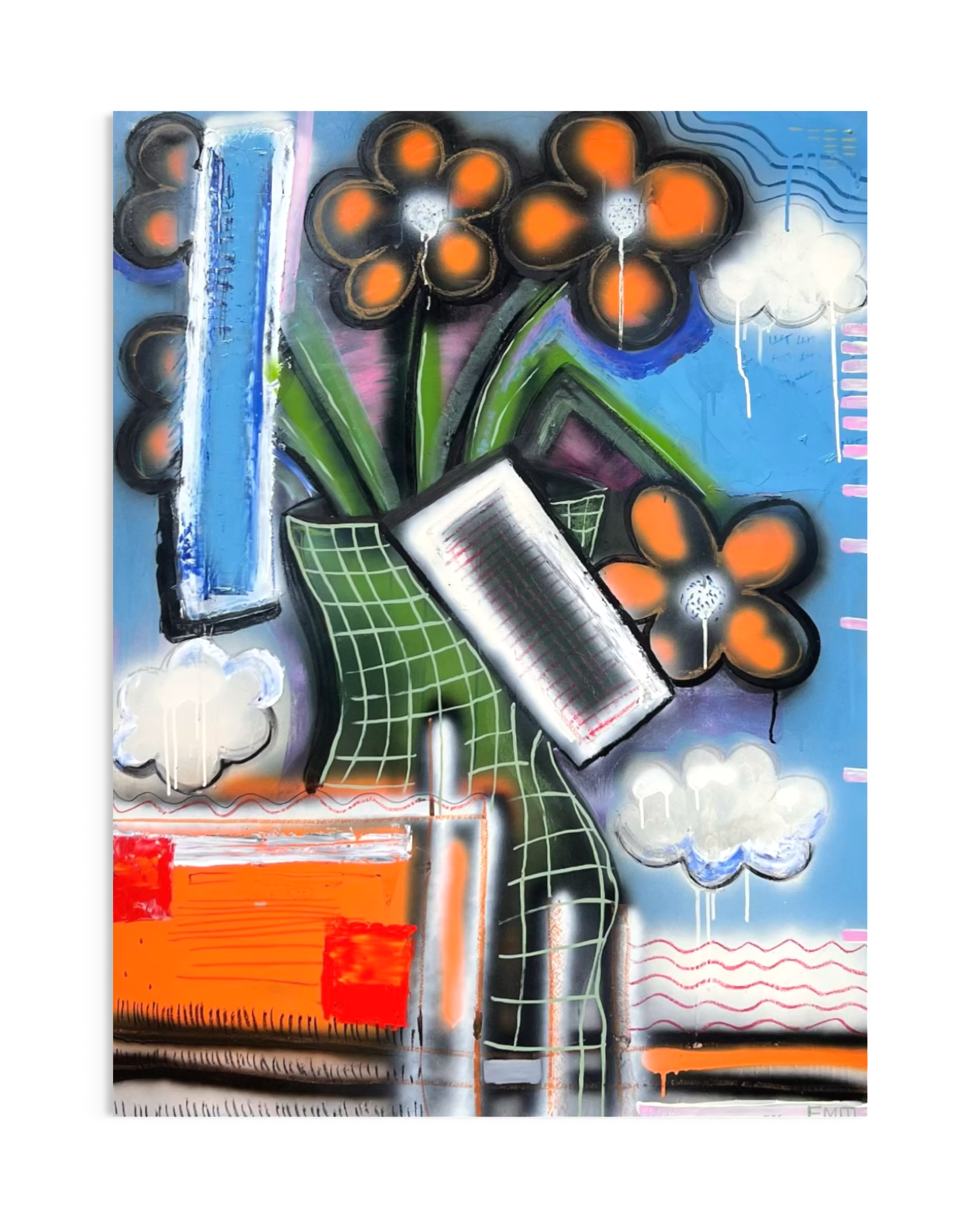 Abstract graffiti-style artwork featuring a bouquet of flowers with orange and black petals in a green checkered vase, surrounded by clouds, vibrant colors, and bold lines.