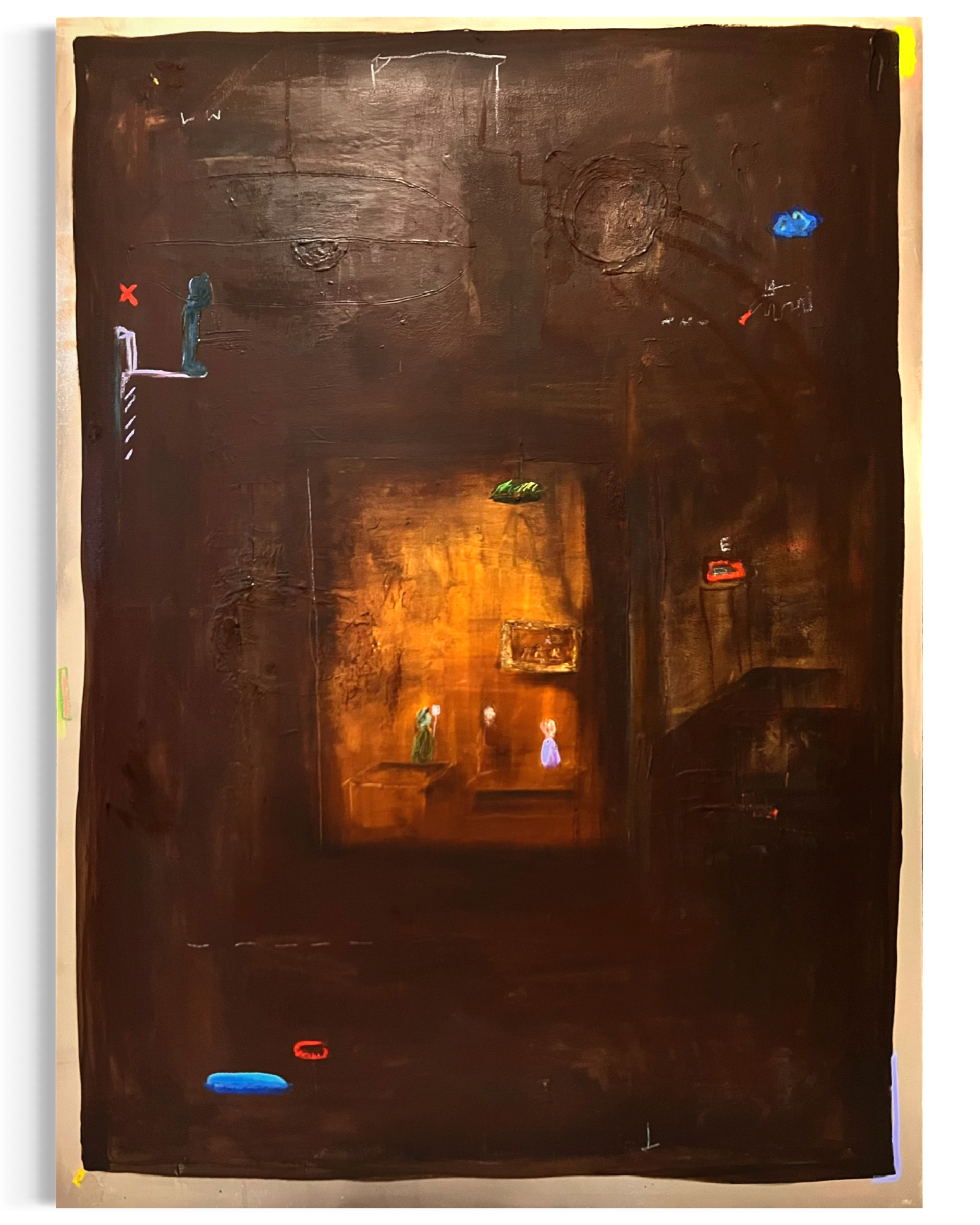 Dark painting with small, colorful, abstract shapes and figures, including a green dog, a red car, and a blue car, with a lightened central area featuring three small figures and hanging lights.