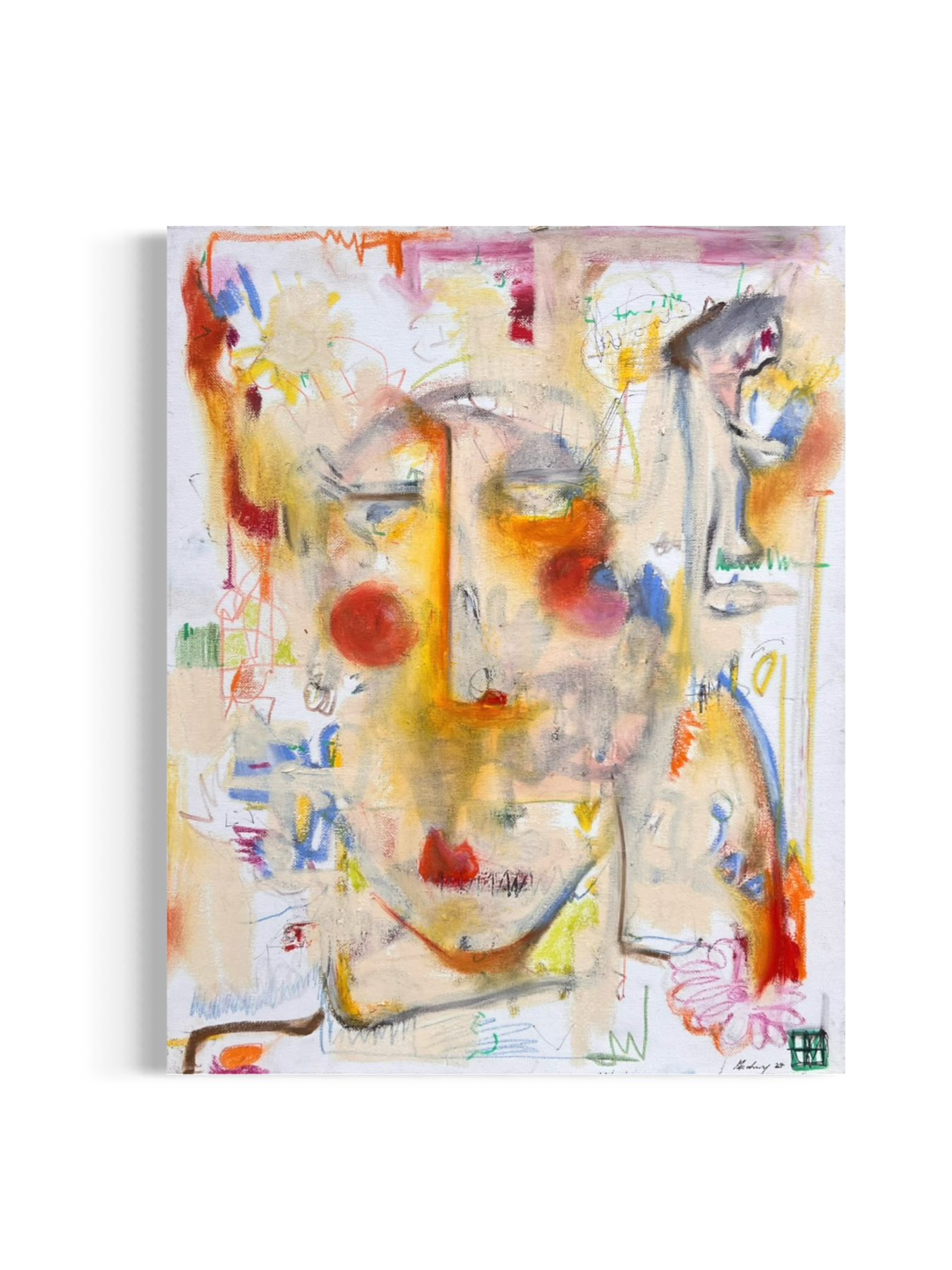 Abstract painting of a human face with colorful brushstrokes, red cheeks, closed eyes, and scattered graffiti-like markings.