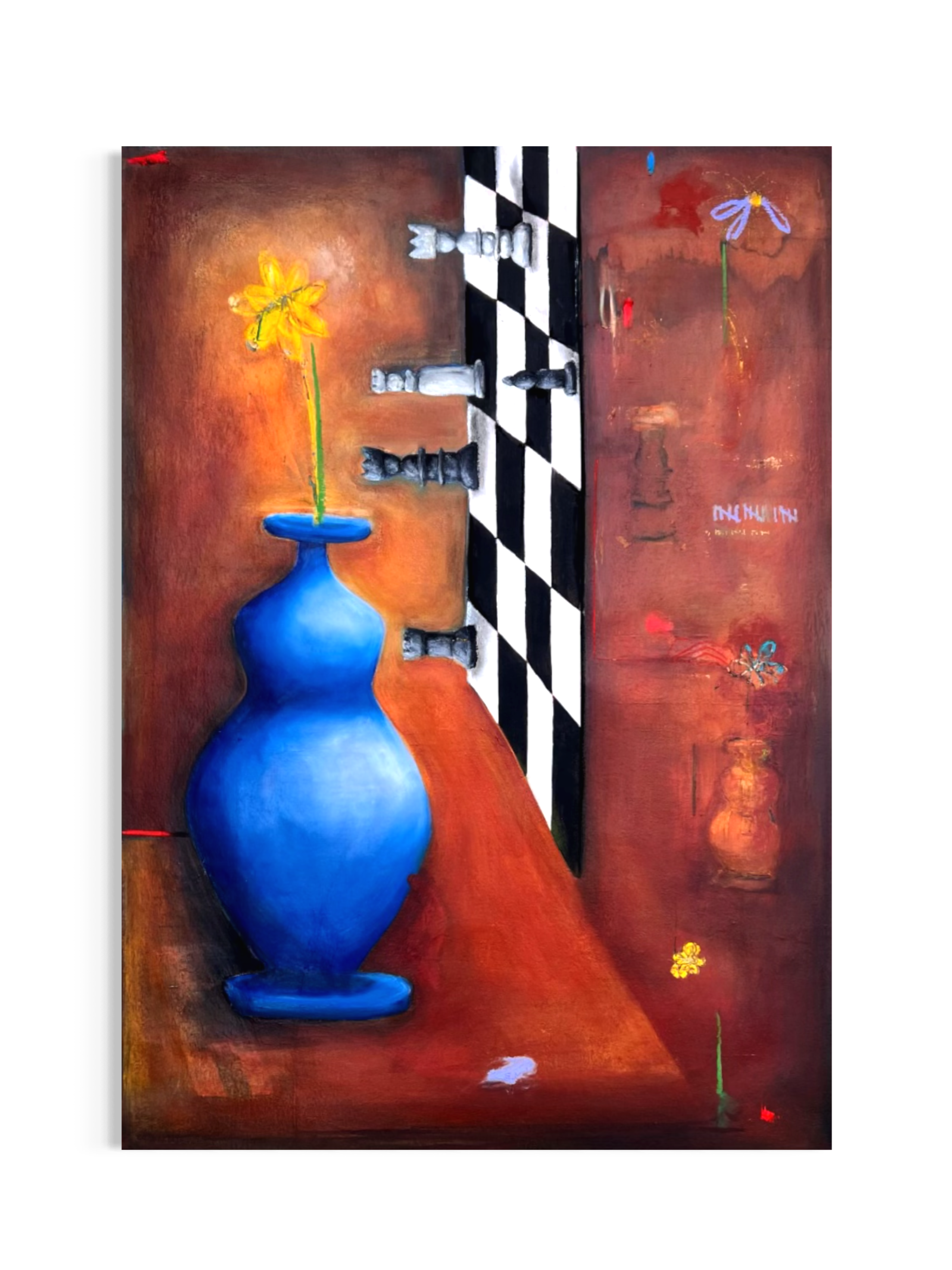 An abstract painting featuring a large blue vase with a yellow flower, a chessboard with black and white pawns, and a red background with small colorful flowers.