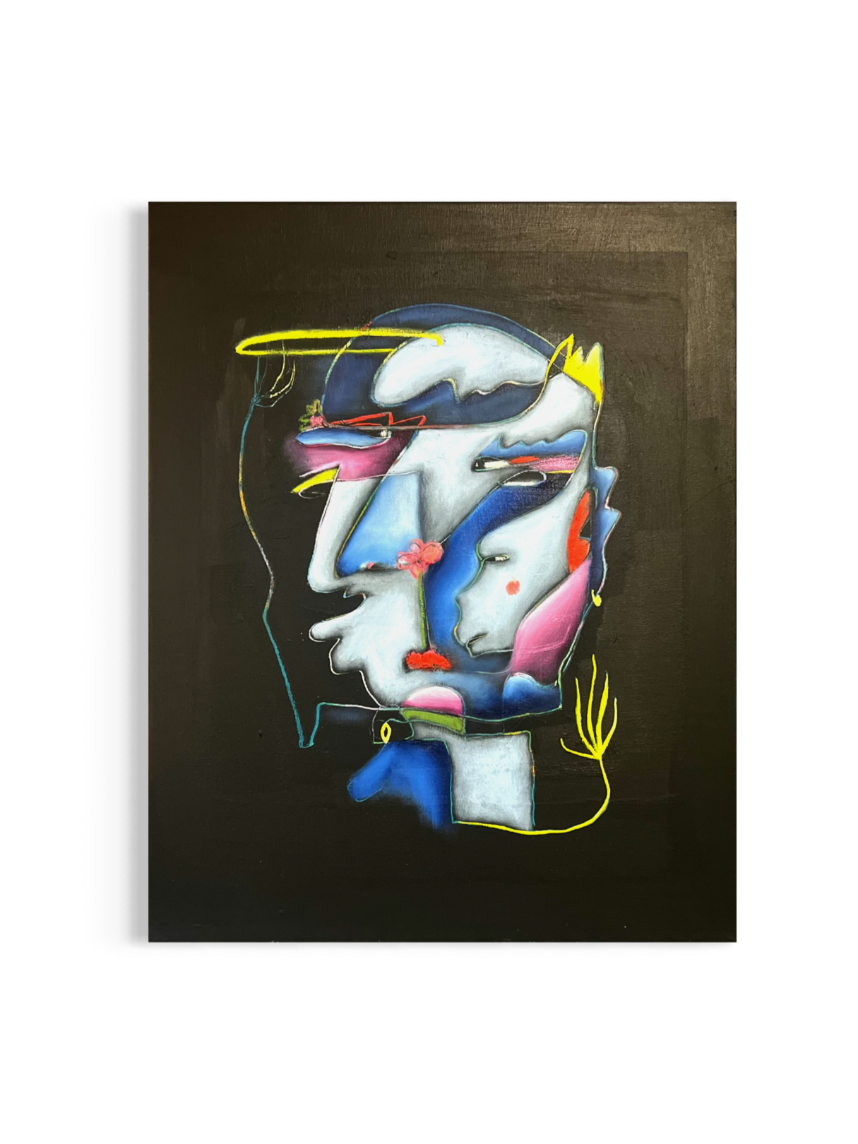 Abstract neon-colored line art portrait of a face on a dark background.