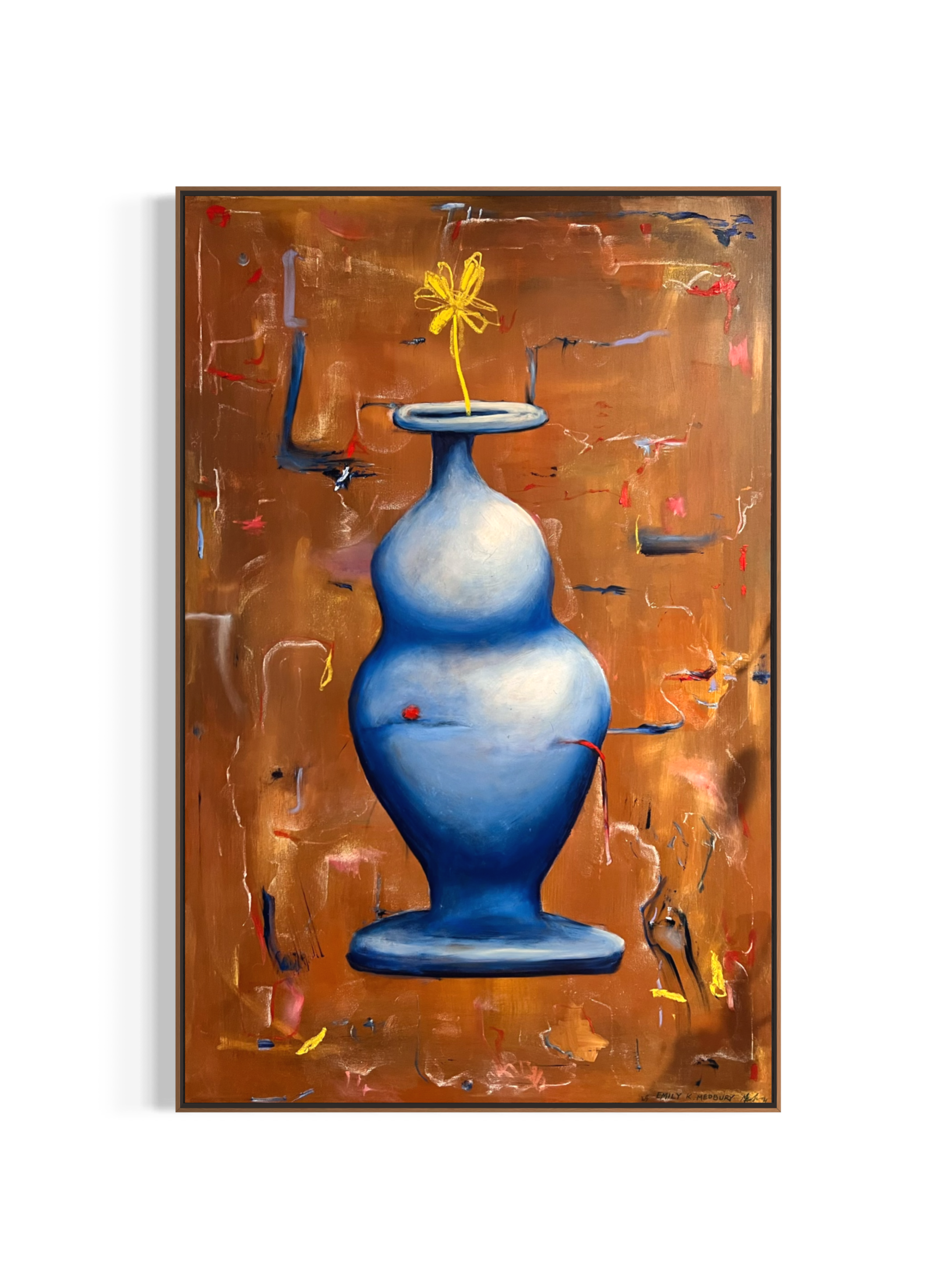 A painting of a blue and white hourglass-shaped vase with a yellow flower on a thin stem. The background is primarily brown with colorful abstract brushstrokes.