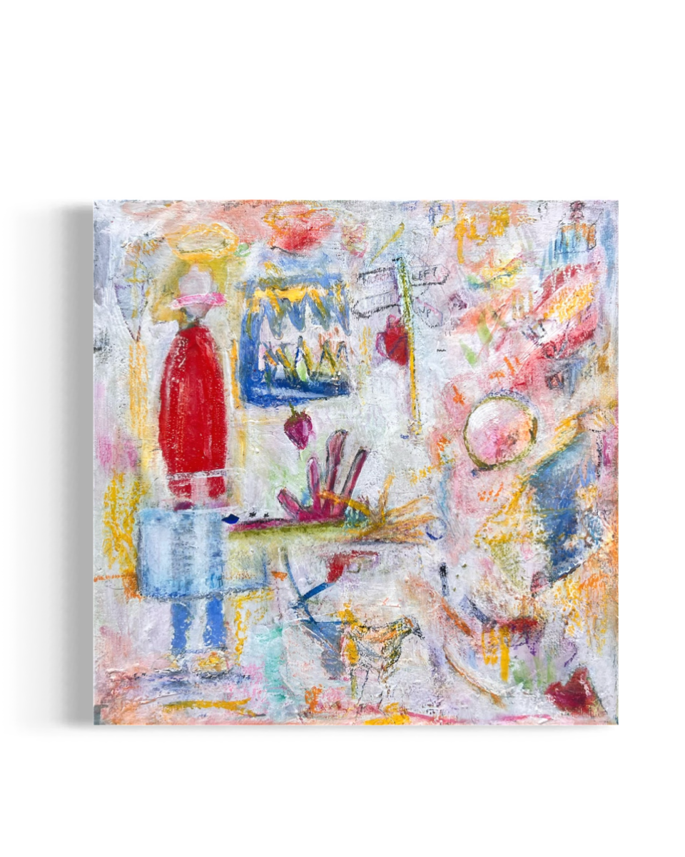 Abstract colorful painting with various shapes, lines, and splashes of paint in pastel and bright colors.