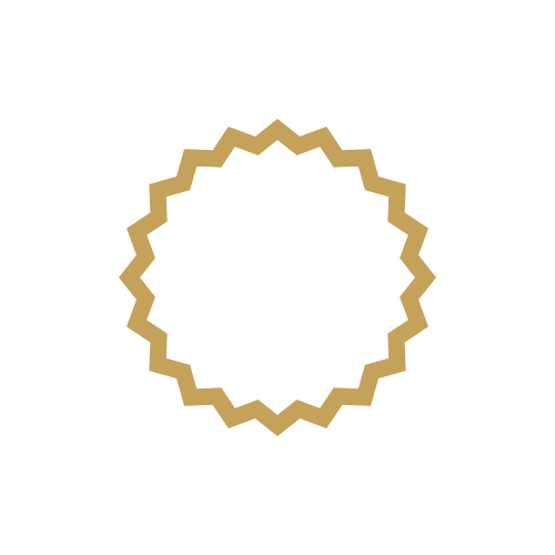 Icon representing process flow with a user profile, connected nodes, a checkmark, and a decorative gold border.