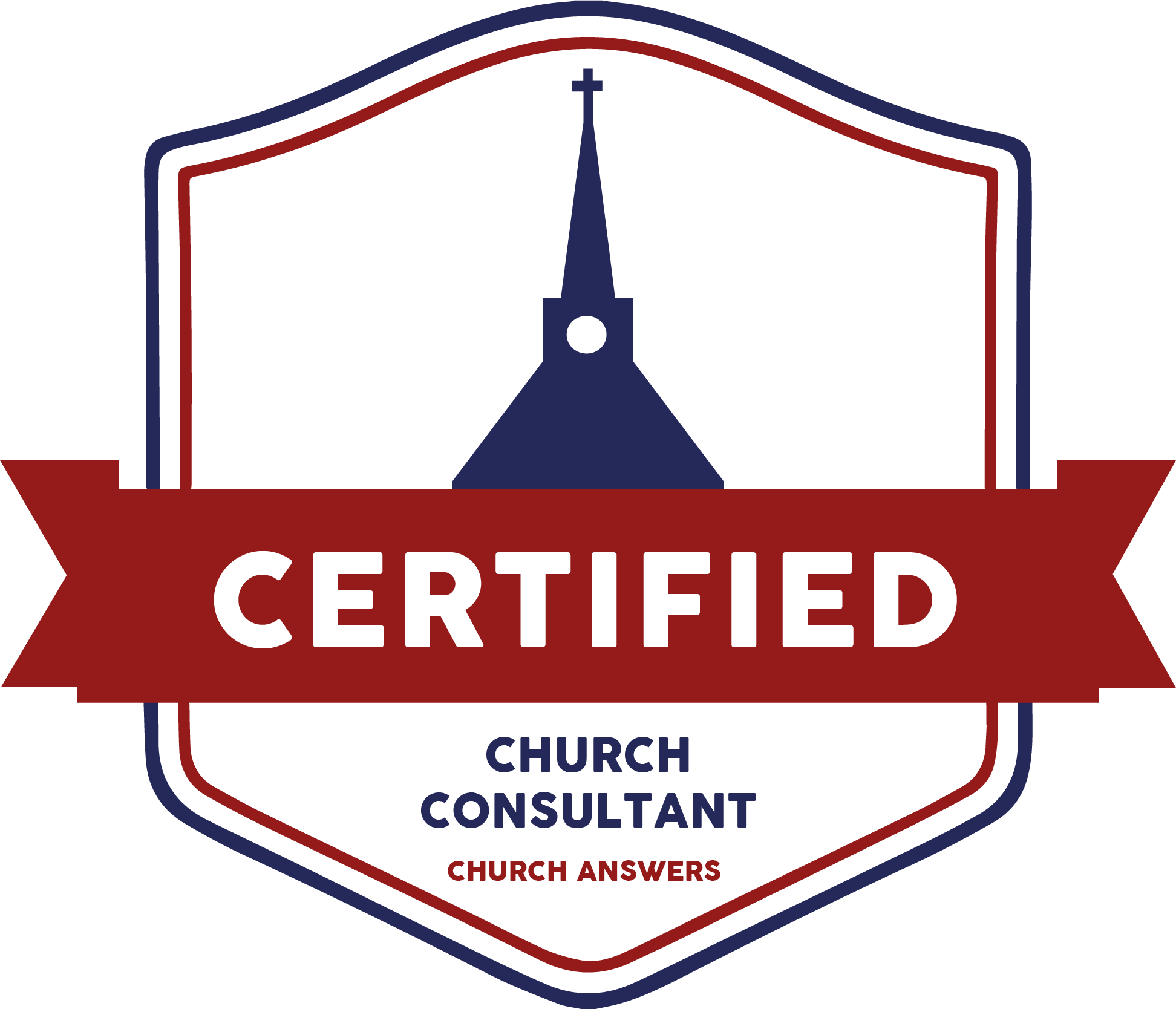 A badge with a church steeple at the top and a star at the tip, surrounded by a shield outline. A red ribbon across the center has the word "CERTIFIED" in white. Below the ribbon, it says "CHURCH CONSULTANT" in navy blue and "CHURCH ANSWERS" in red at the bottom.