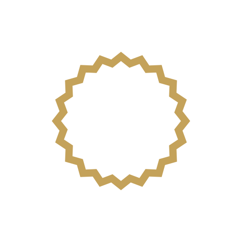 A gold badge with a white checkmark in the center on a black background.