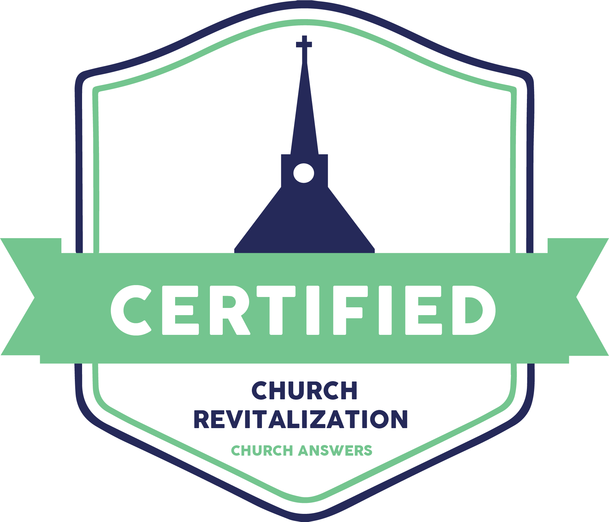 A badge with the words "Certified Church Revitalization" and "Church Answers" written on it, featuring a church steeple icon at the top.