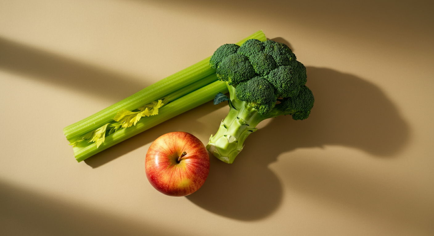 Celery stalks, a head of broccoli, and an apple on a beige surface with a shadow.