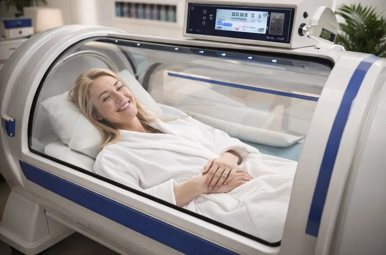 A woman is lying inside a medical hyperbaric chamber, seemingly relaxed and smiling.