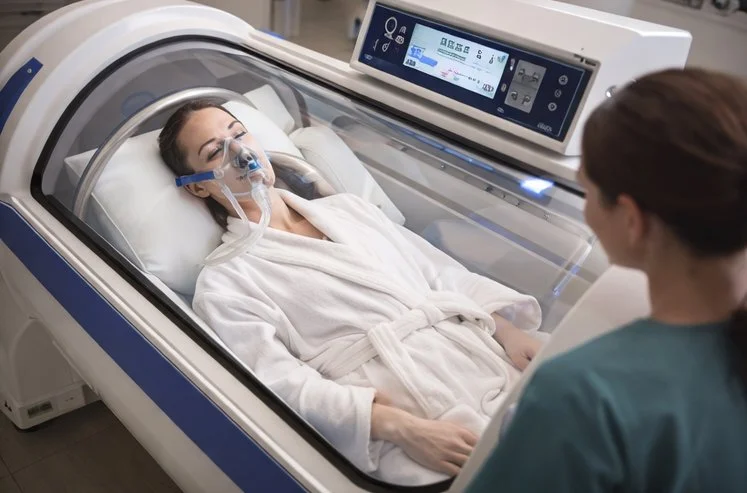 A woman lying inside a hyperbaric oxygen chamber with a mask on her face, in a medical setting, with a healthcare worker standing nearby.