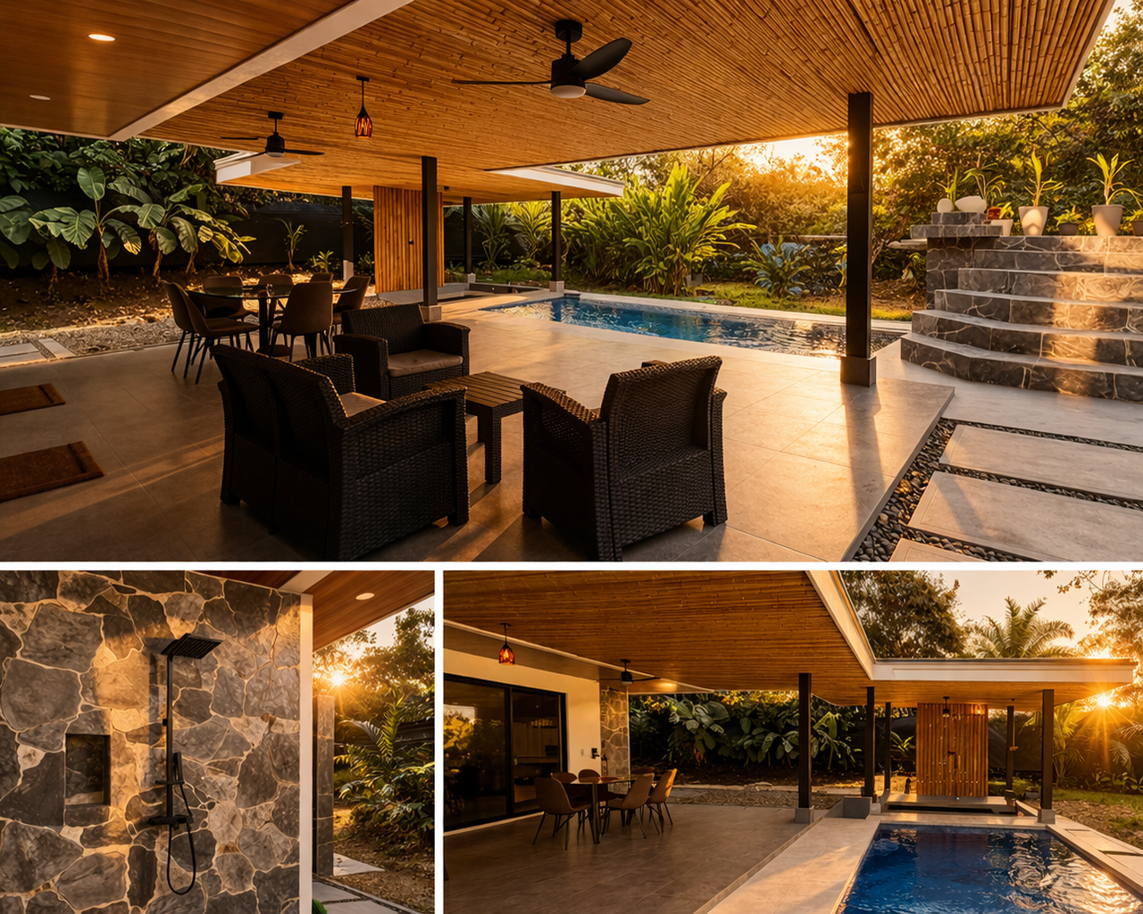 Outdoor patio with a swimming pool, wicker chairs, a dining table with chairs, ceiling fans, and a torchiere, with lush greenery and trees in the background at sunset.