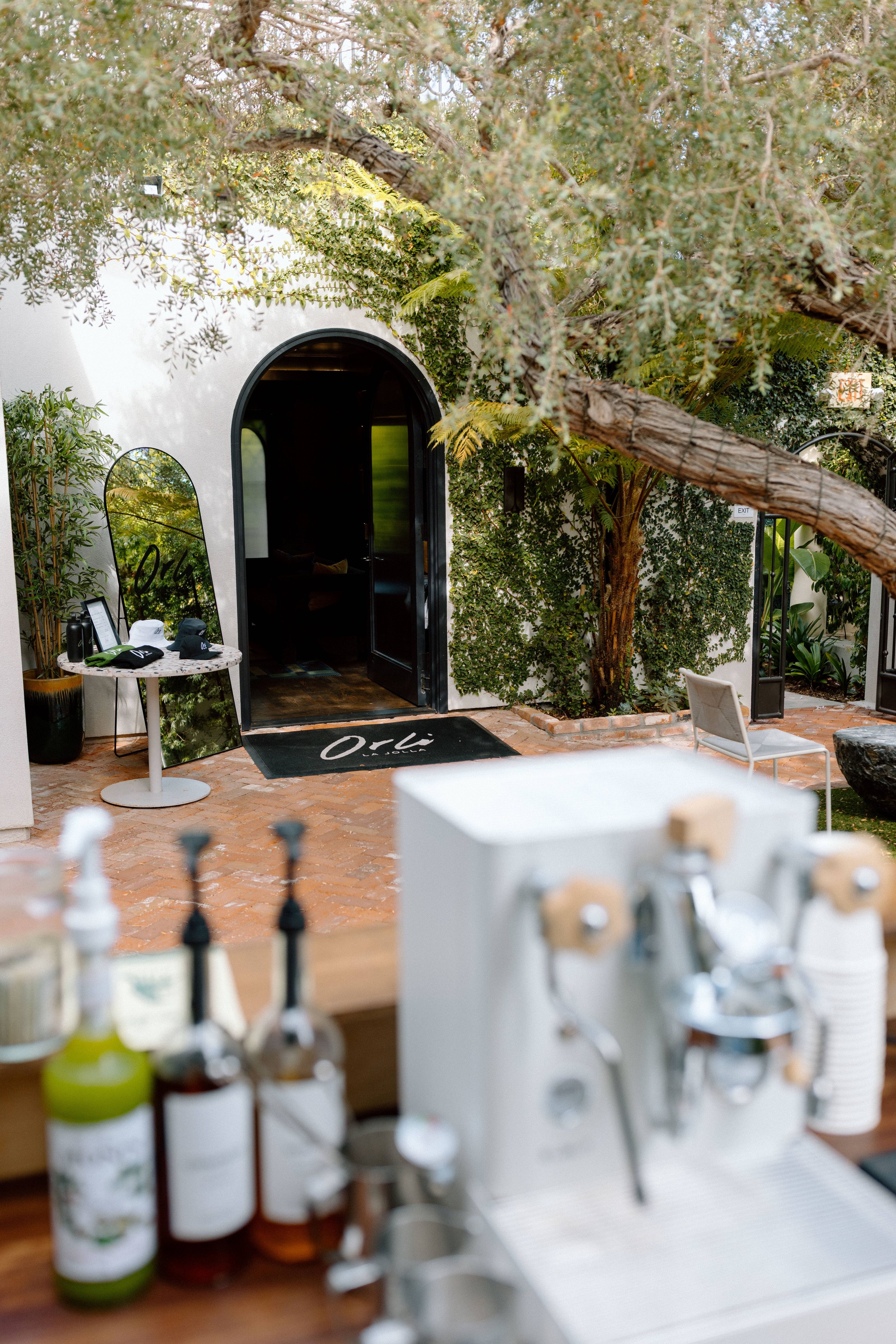 Exterior of a boutique or shop with a black arched doorway, surrounded by greenery including ivy-covered walls and a large twisted tree branch. There are retail displays outside with clothing, hats, and mirrors, as well as a table with bottles and various items, all set on a brick patio.