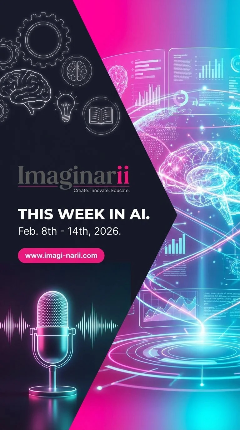 Digital poster promoting 'Imaginarii,' an AI event from February 8th to 14th, 2026, featuring neural networks, brains, graphs, a microphone, and scientific icons with the website www.imagi-narii.com.