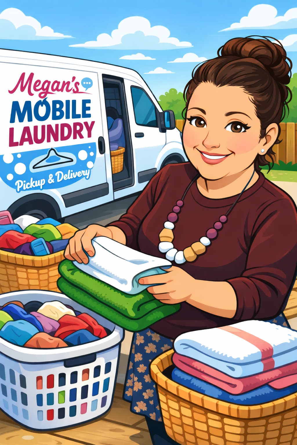Illustration of a woman folding laundry at an outdoor laundry pickup and delivery service, with a branded van in the background.