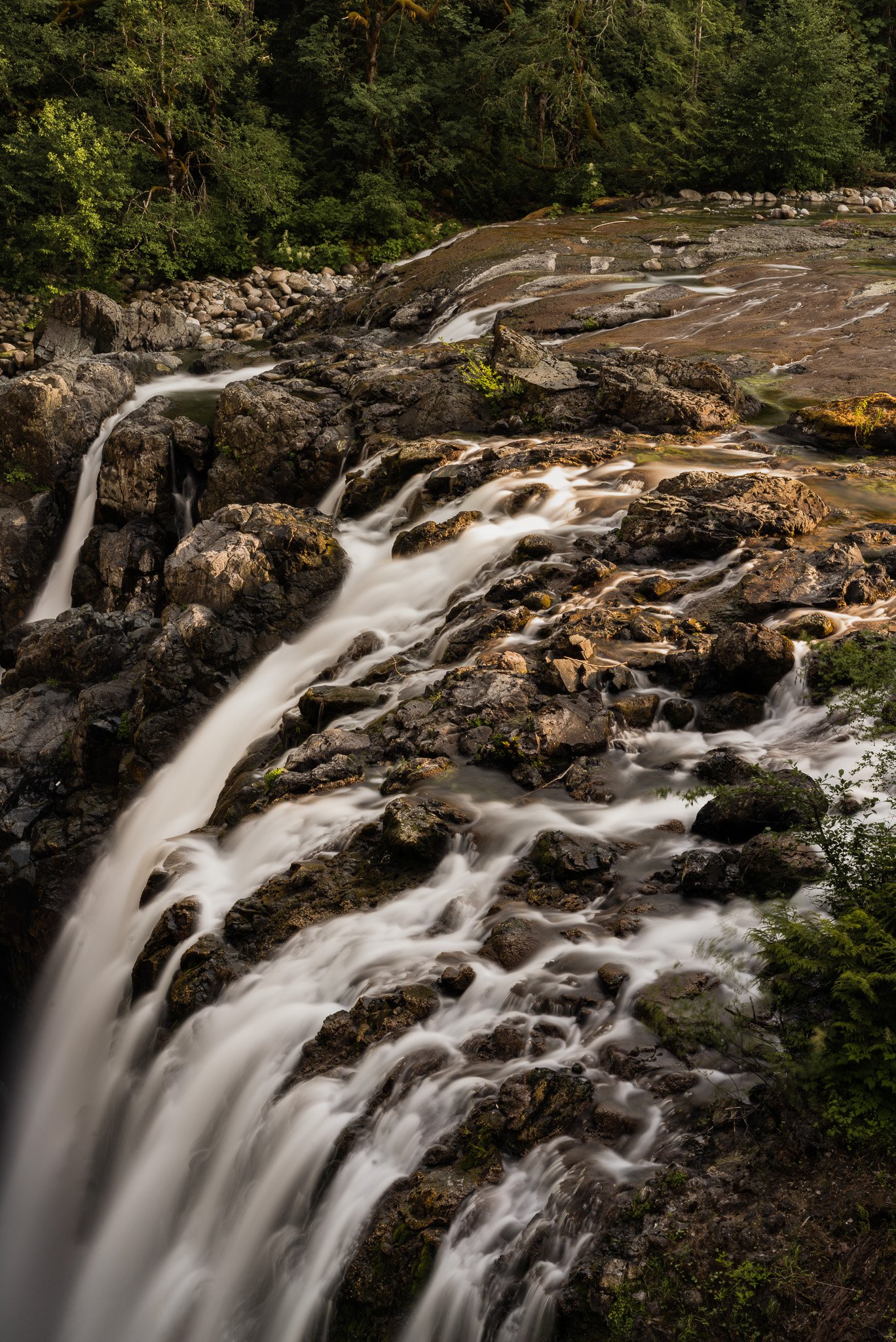 A cascading waterfall flowing over rocks in a forested area with dense green trees in the background.