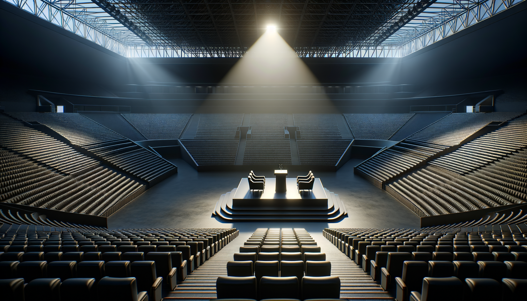Empty modern arena with a stage, four chairs, and a microphone, illuminated by a spotlight