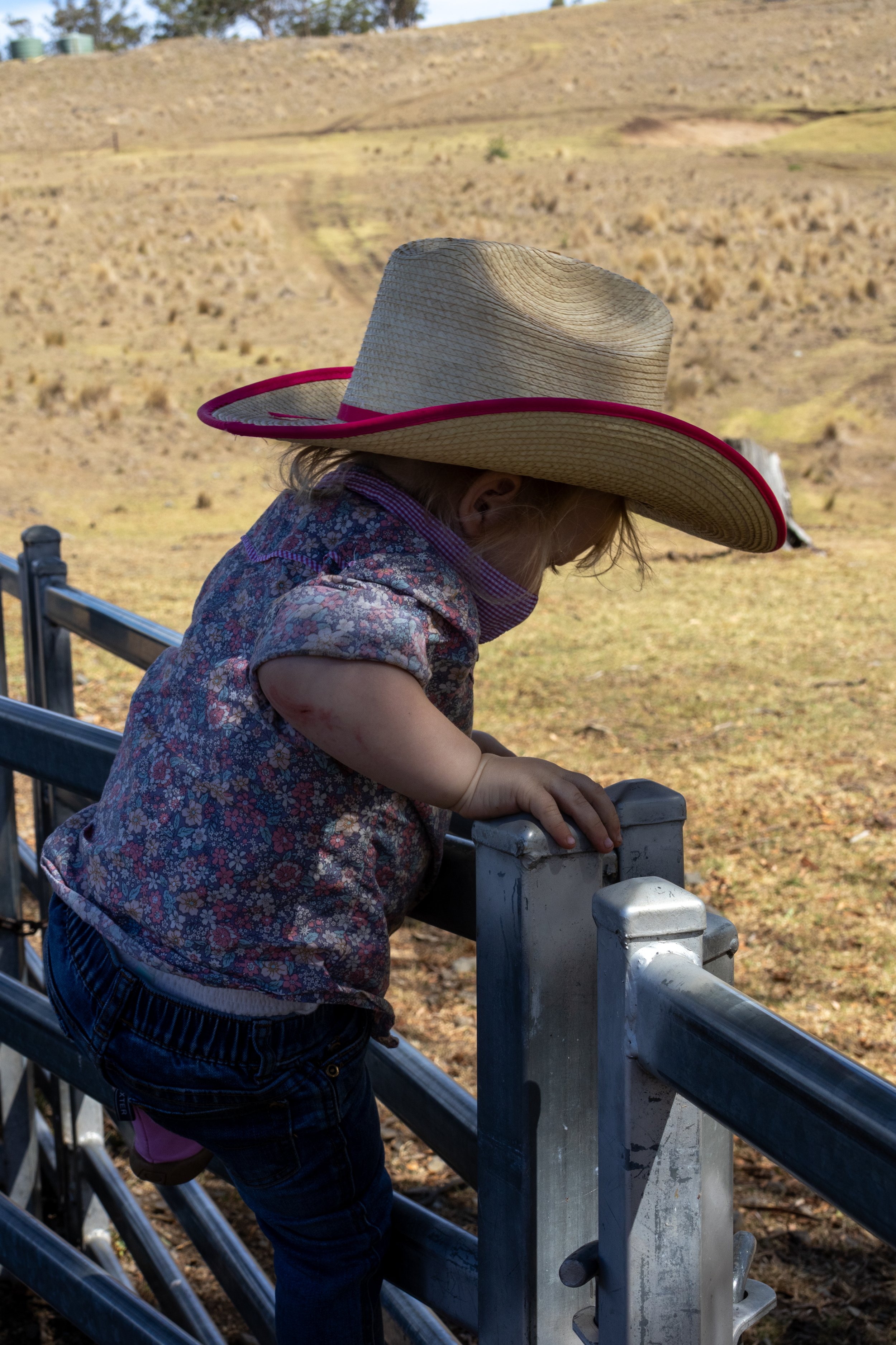 A young child wearing a large straw hat with a red trim, a floral patterned shirt, and jeans, leaning on a metal gate outdoors in a dry, hilly landscape.
