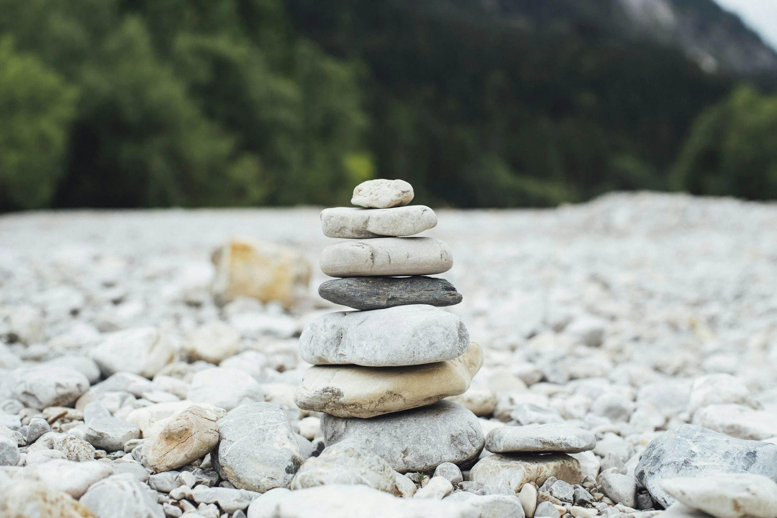 Stacked rocks on a gravelly surface with a blurred green forest background.