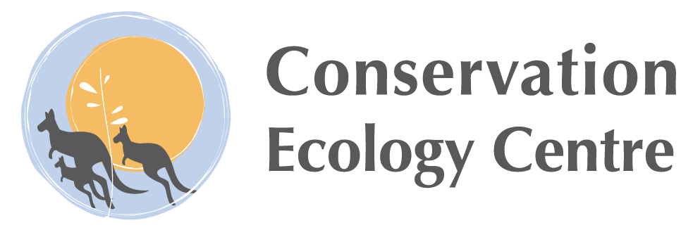 Logo of Conservation Ecology Centre with a stylized sun, trees, and three kangaroos.