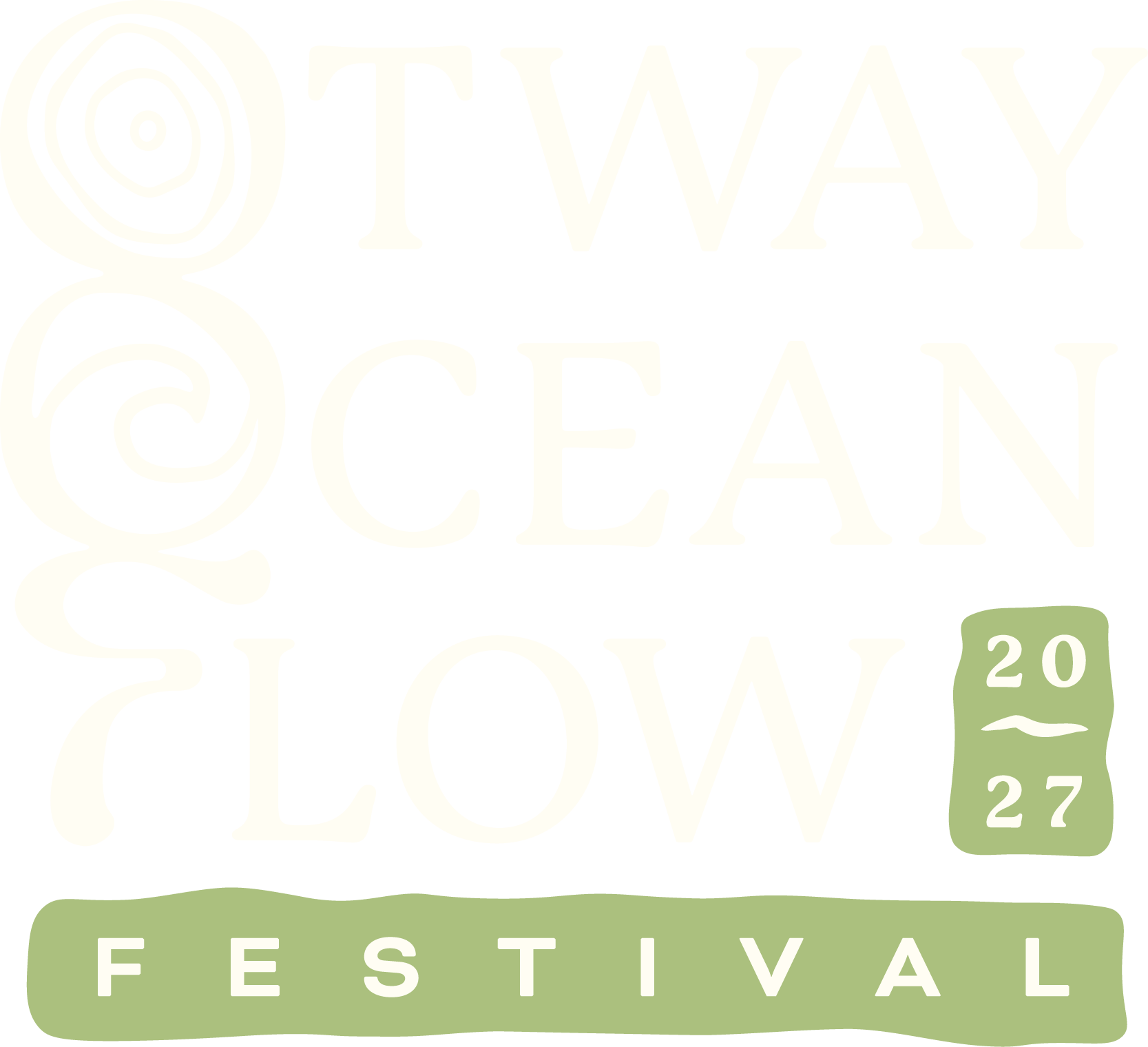 Text logo for the Ocean Flow Festival 2027 with green and white design elements