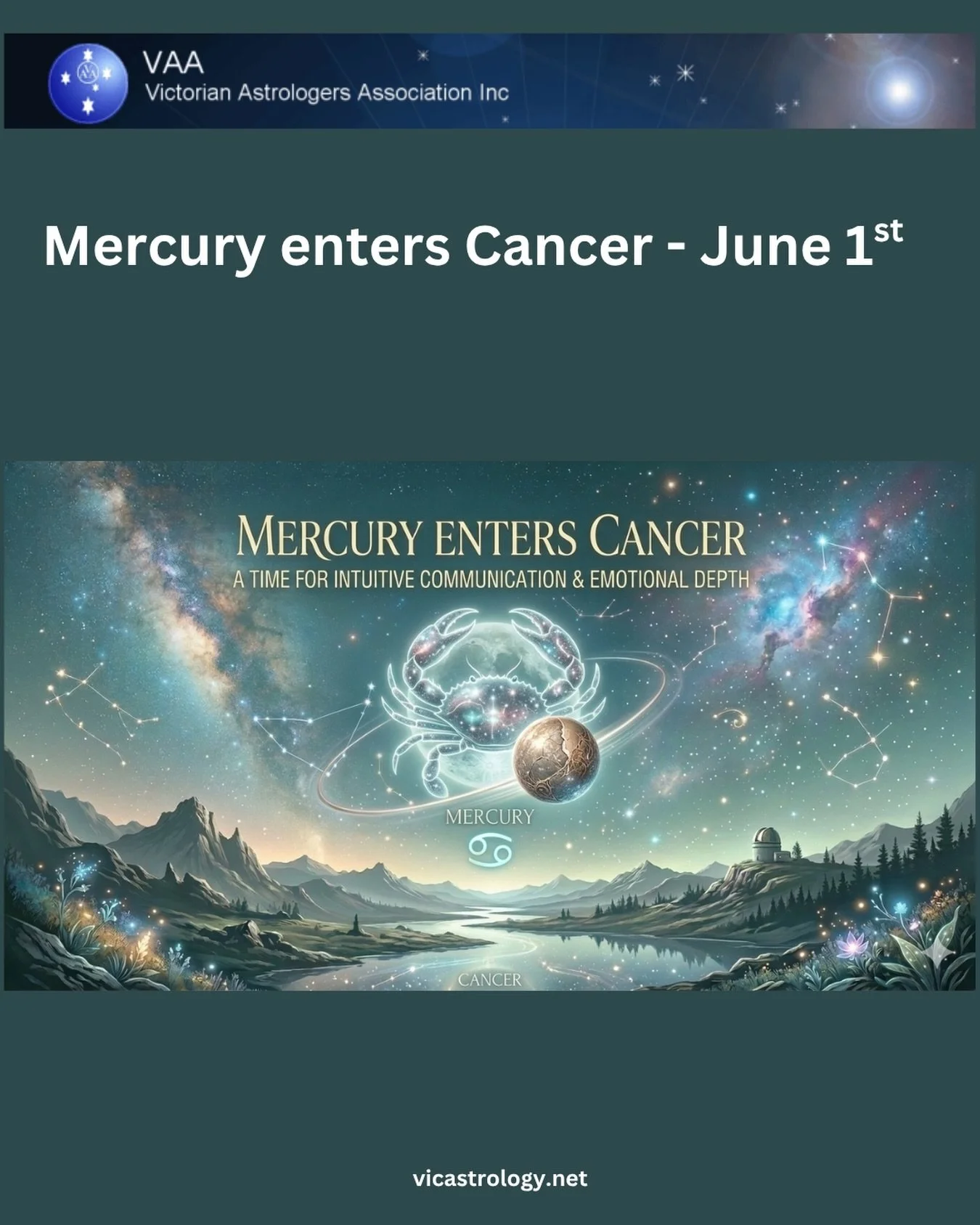 MERCURY TRANSITS CANCER - JUNE 1st.  When Mercury moves into Cancer, communications tend to become more emotional and gut focused less of an analytical style. There is a focus on history, home and learning from the past. #mercuryincancer #mercury